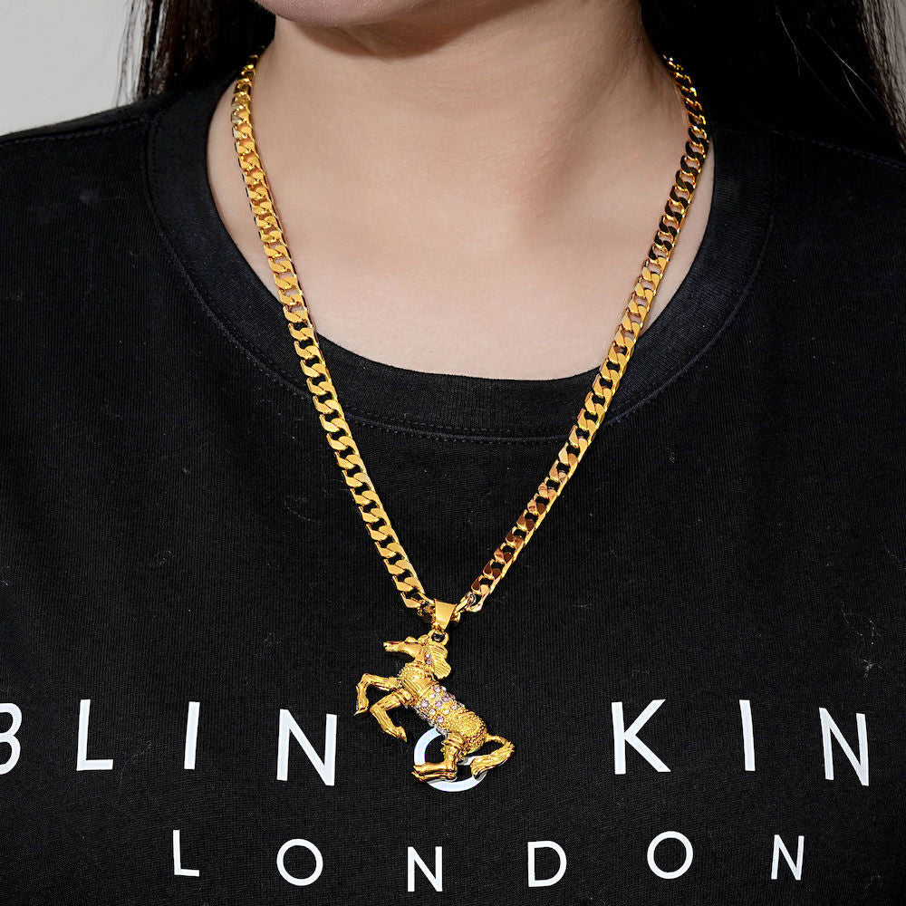 Gold Filled Bonded Horse Pendant with Pink Stones on 22-Inch, 5mm Belcher Chain