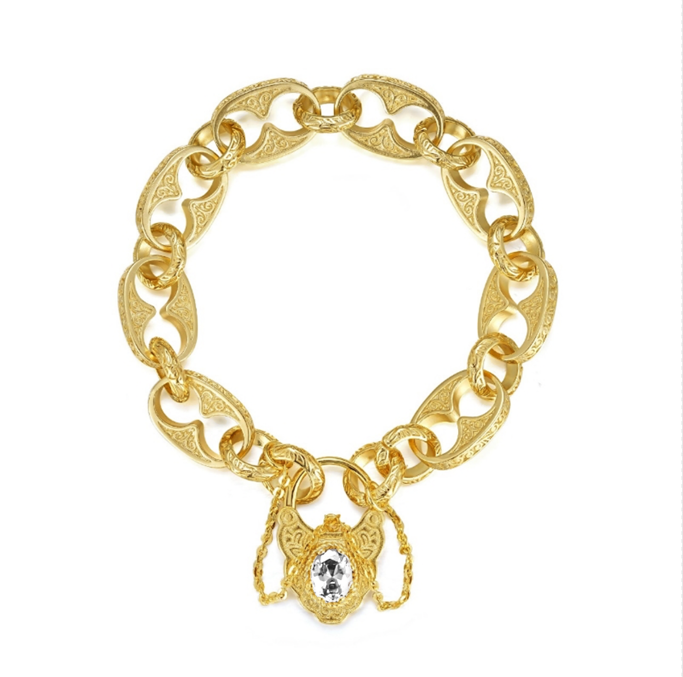 Gold-Filled Button Belcher Bracelet with Clear Stone and Vintage Padlock Clasp – 8 Inches
