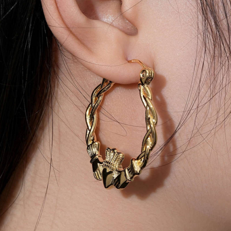 40mm Light Gold Claddagh Hoop Earrings Lightweight High Polish Trendy Jewellery