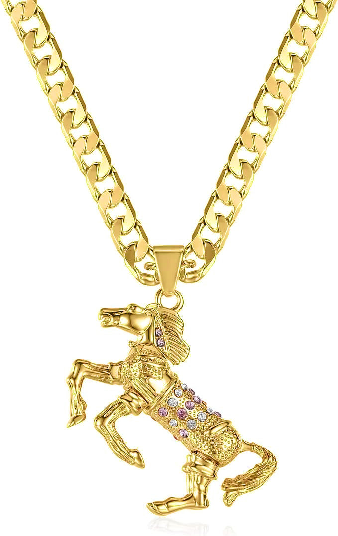 Gold Filled Bonded Horse Pendant with Pink Stones on 22-Inch, 5mm Belcher Chain