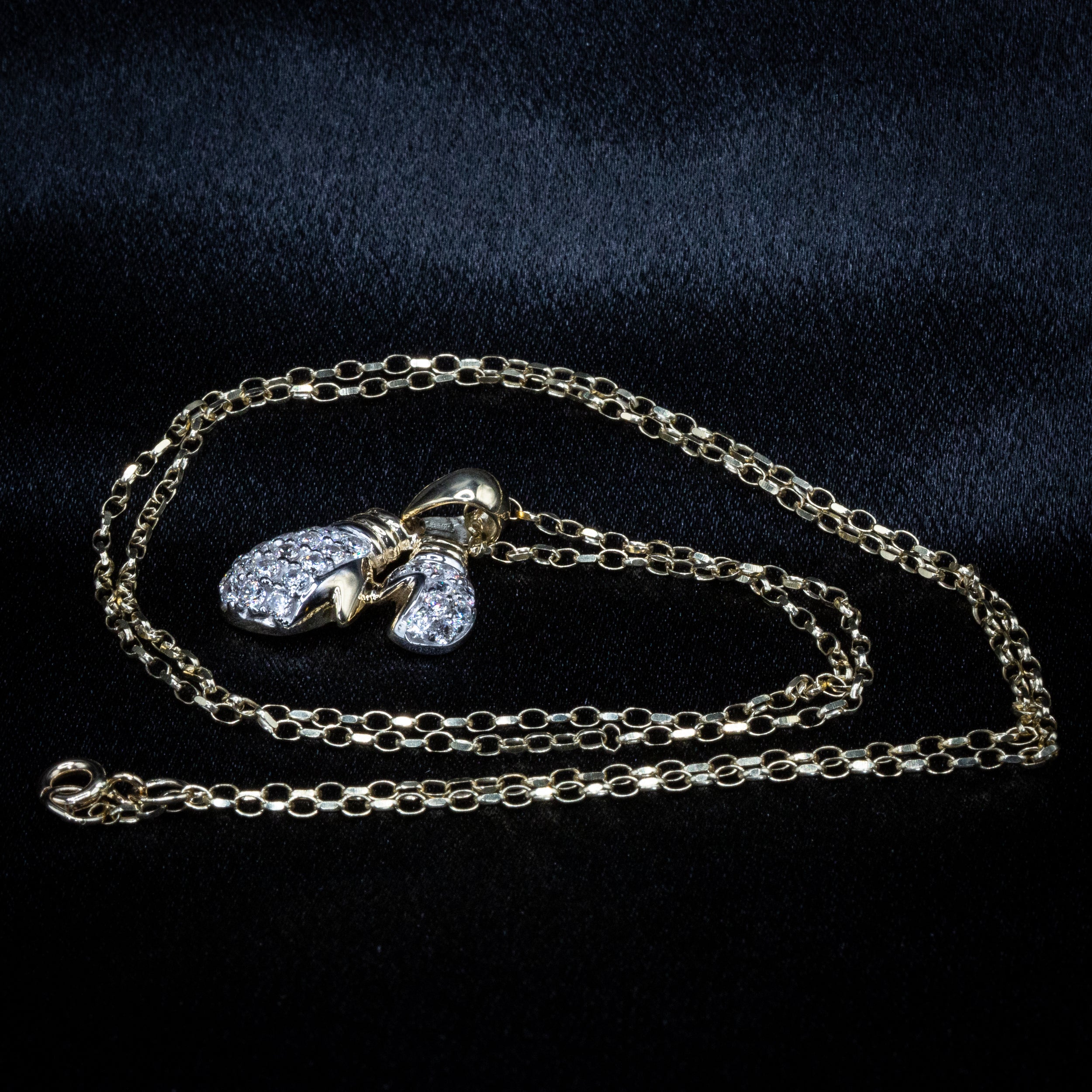 9ct Yellow Gold CZ Boxing Gloves Pendant & 9ct Gold Diamond Cut Belcher Chain (24 Inch)