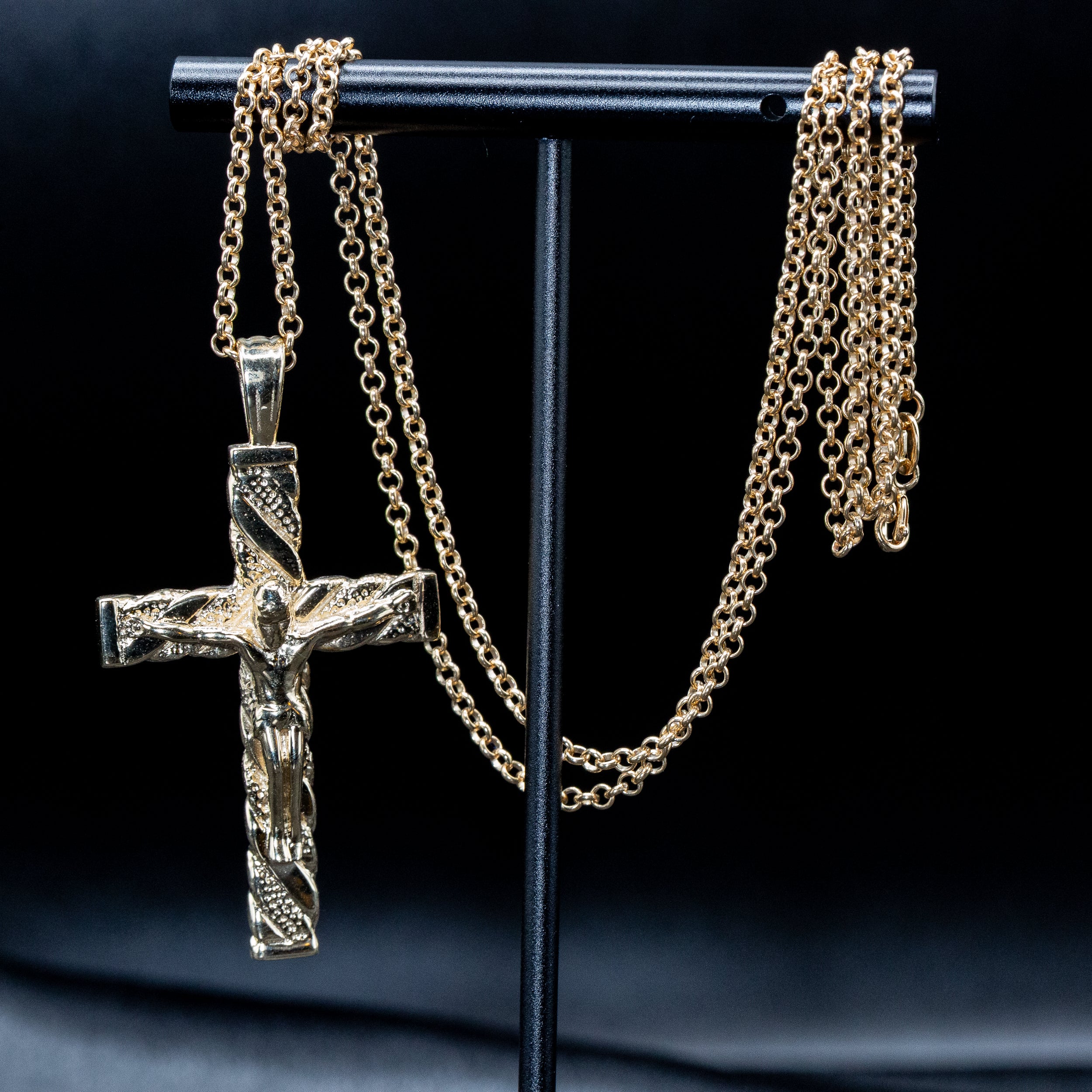9ct Yellow Gold Engraved Crucifix Cross Pendant & 9ct Gold Round Belcher Chain (24 Inch)
