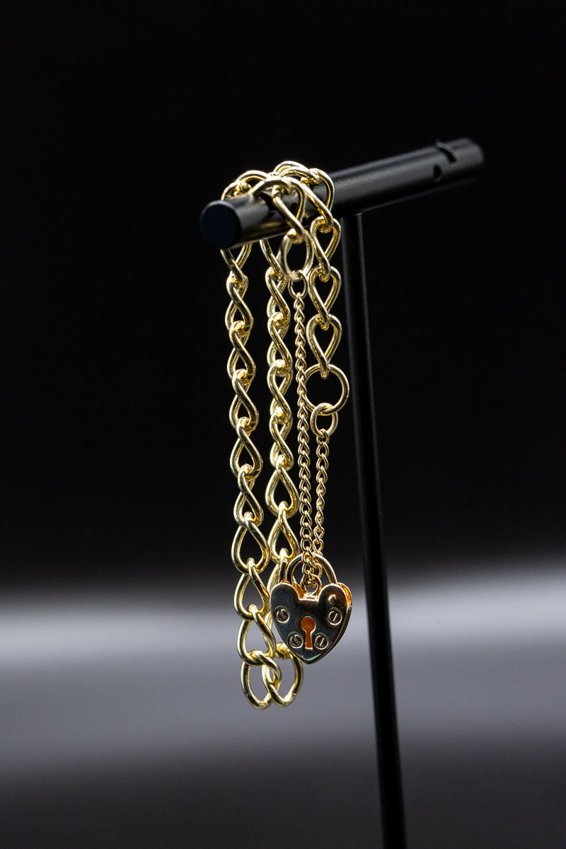 9ct Yellow Gold Ladies Curb Link Heart Lock Bracelet 7.5 Inch