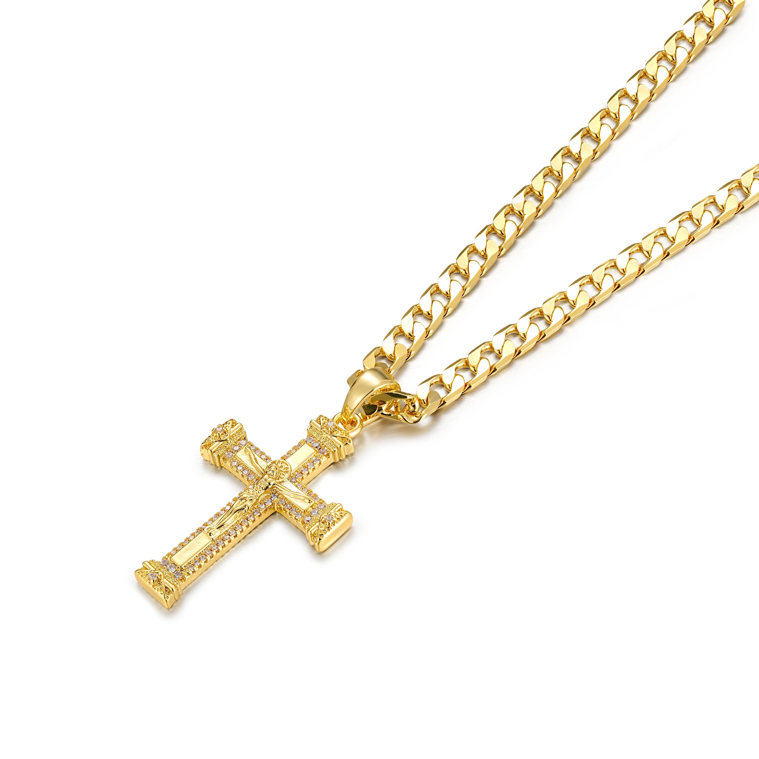 Heavy Gold Jesus Cross Crucifix Pendant with Stones 24 Inch 6mm Cuban Chain