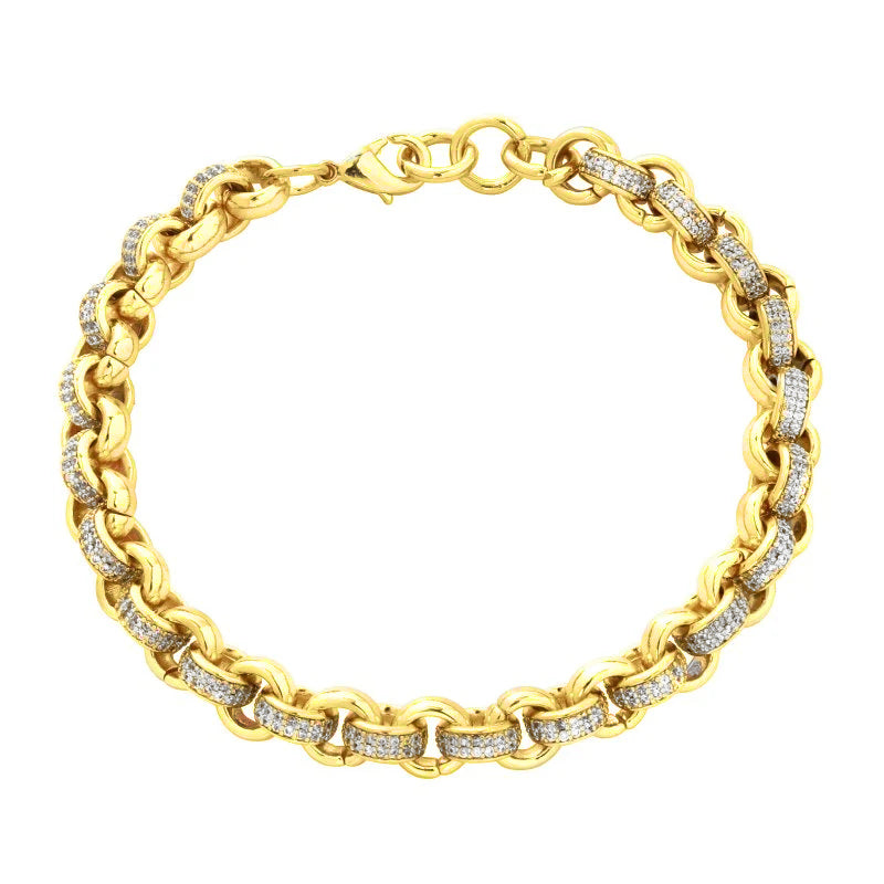 8mm Gold Belcher Bracelet with CZ Stones - 8 Inches