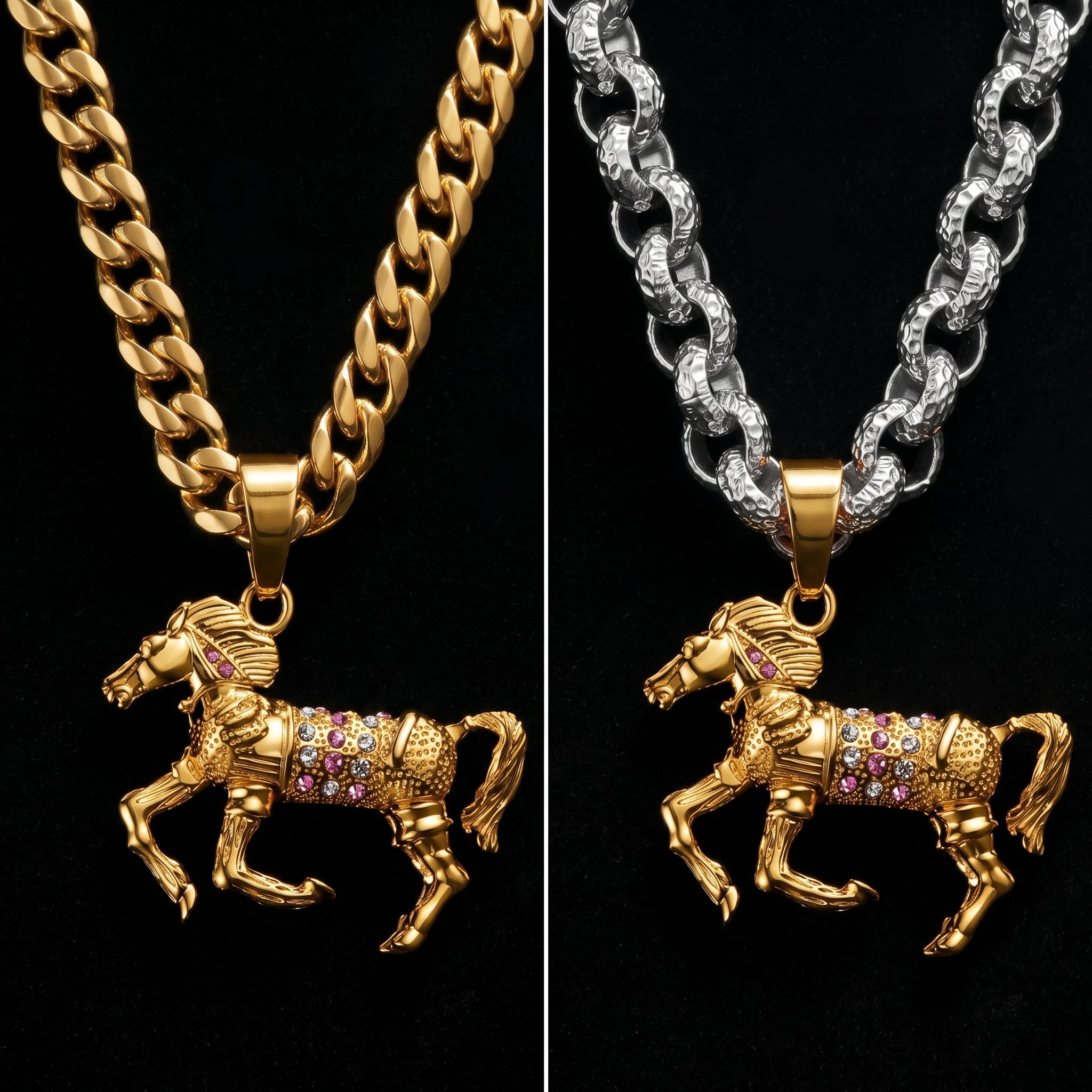 Gold 3D Horse Racing Pendant Necklace with Chain Options