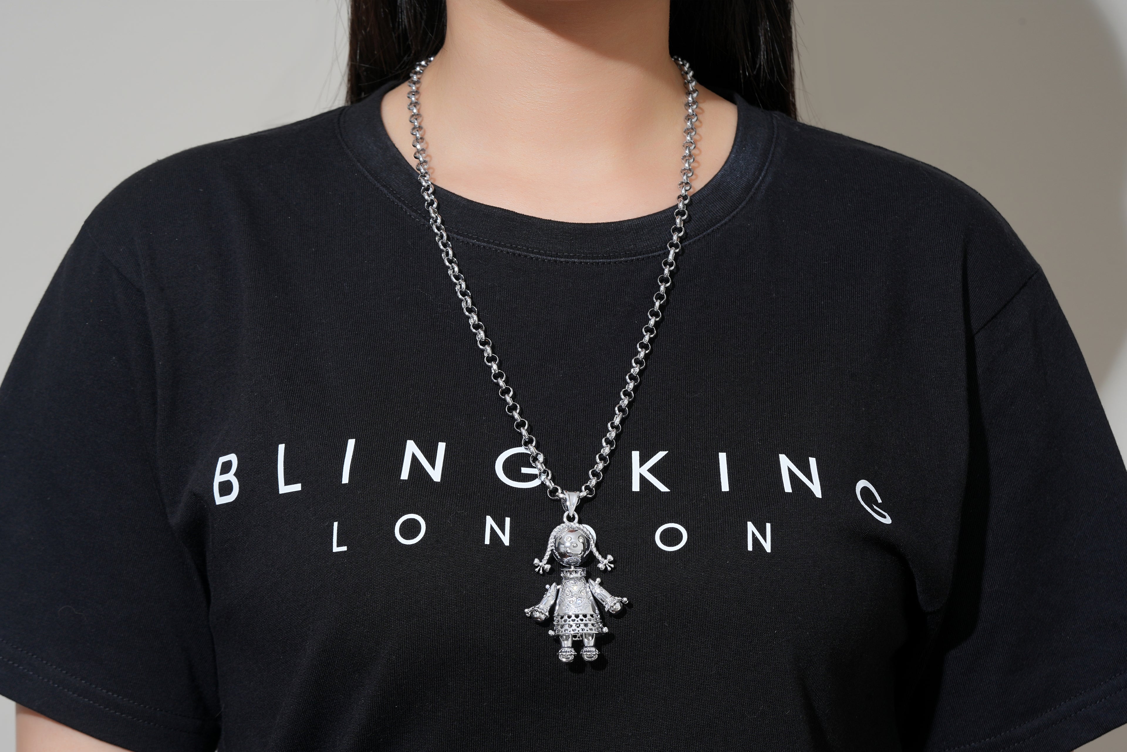 Silver-Filled Bonded Heart Rag Doll Pendant with Clear Stones on 24-Inch, 5mm Belcher Chain