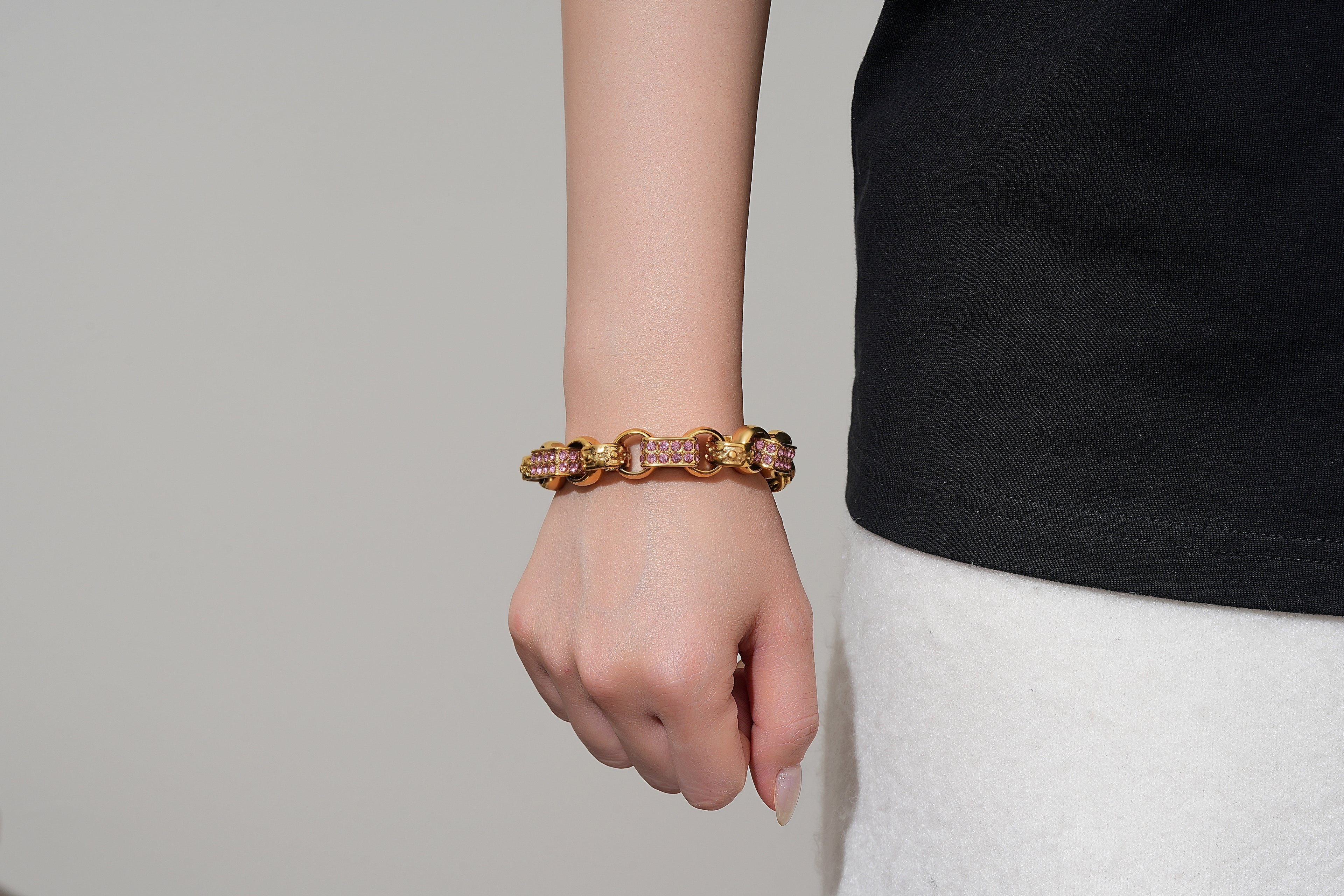 13mm Gold Gypsy Link Belcher Bracelet with Pink Stones, 7.5 Inches
