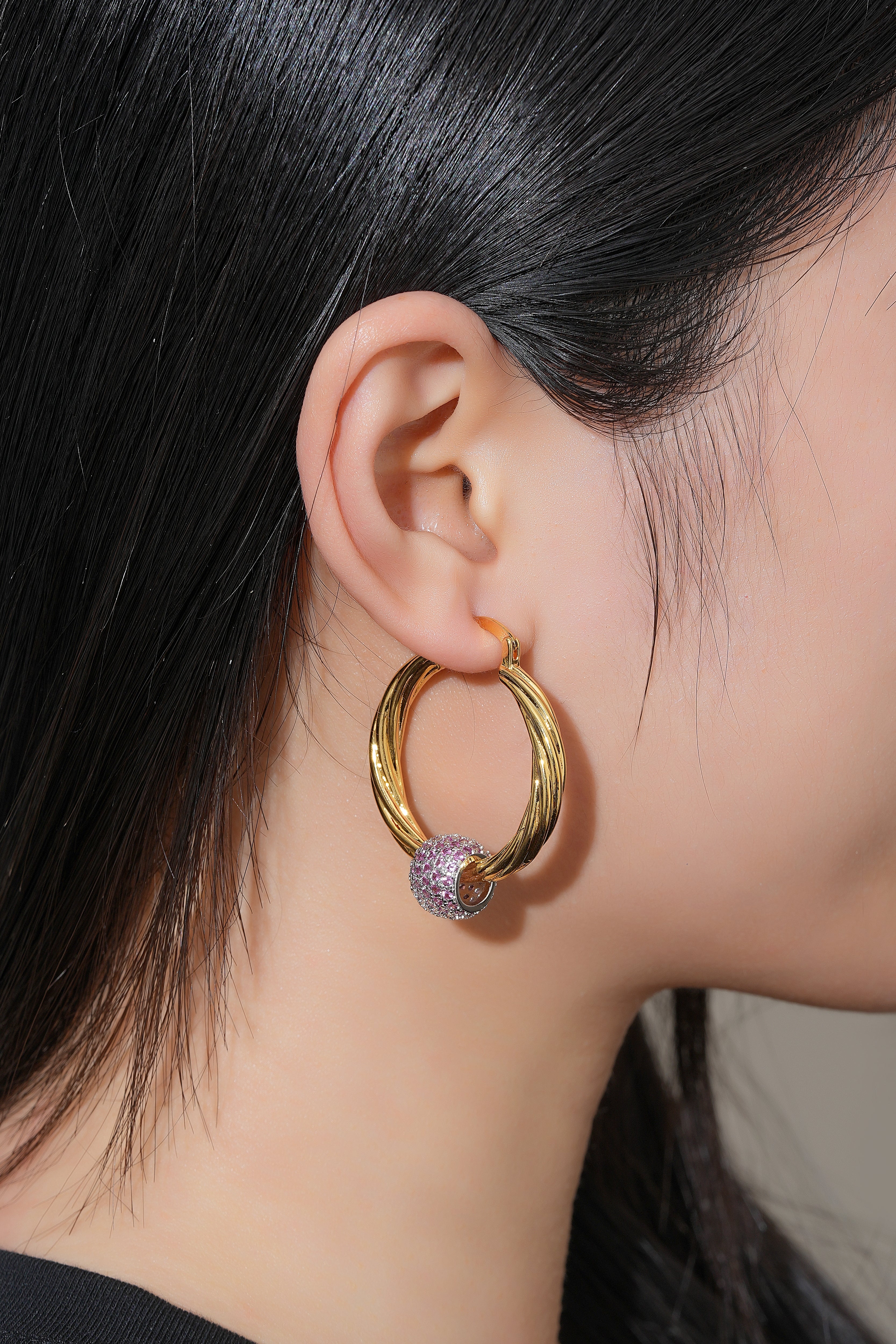 Gold Large Disco Ball Hoop Earrings with Pink Stones