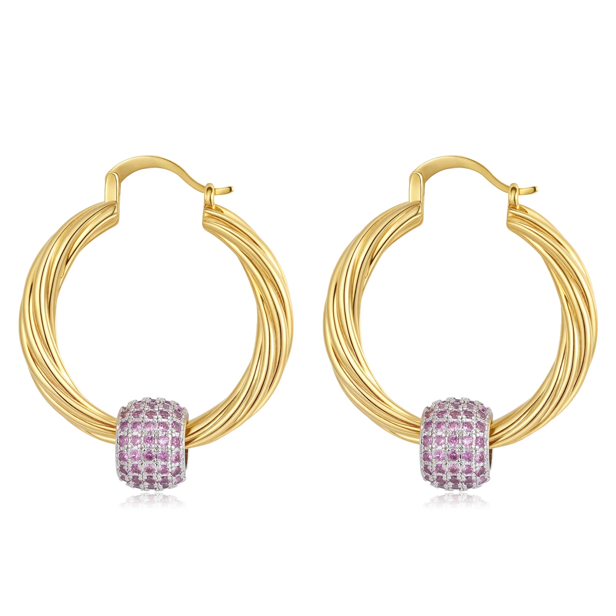 Gold Large Disco Ball Hoop Earrings with Pink Stones