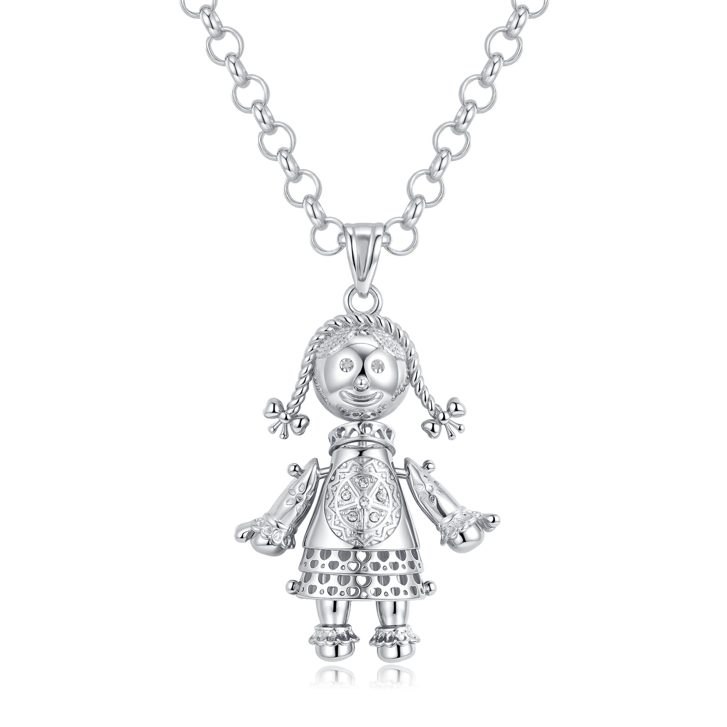 Silver-Filled Bonded Heart Rag Doll Pendant with Clear Stones on 24-Inch, 5mm Belcher Chain