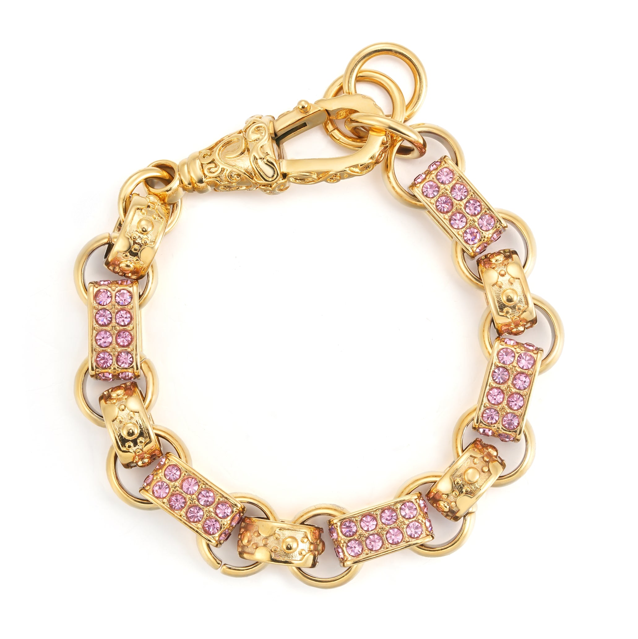 13mm Gold Gypsy Link Belcher Bracelet with Pink Stones, 7.5 Inches