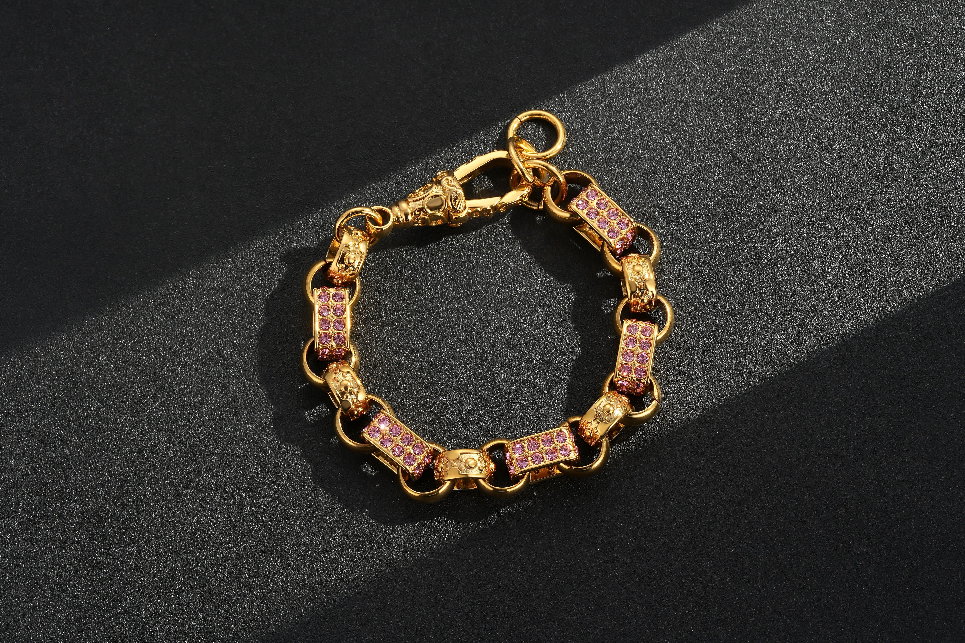 13mm Gold Gypsy Link Belcher Bracelet with Pink Stones, 7.5 Inches