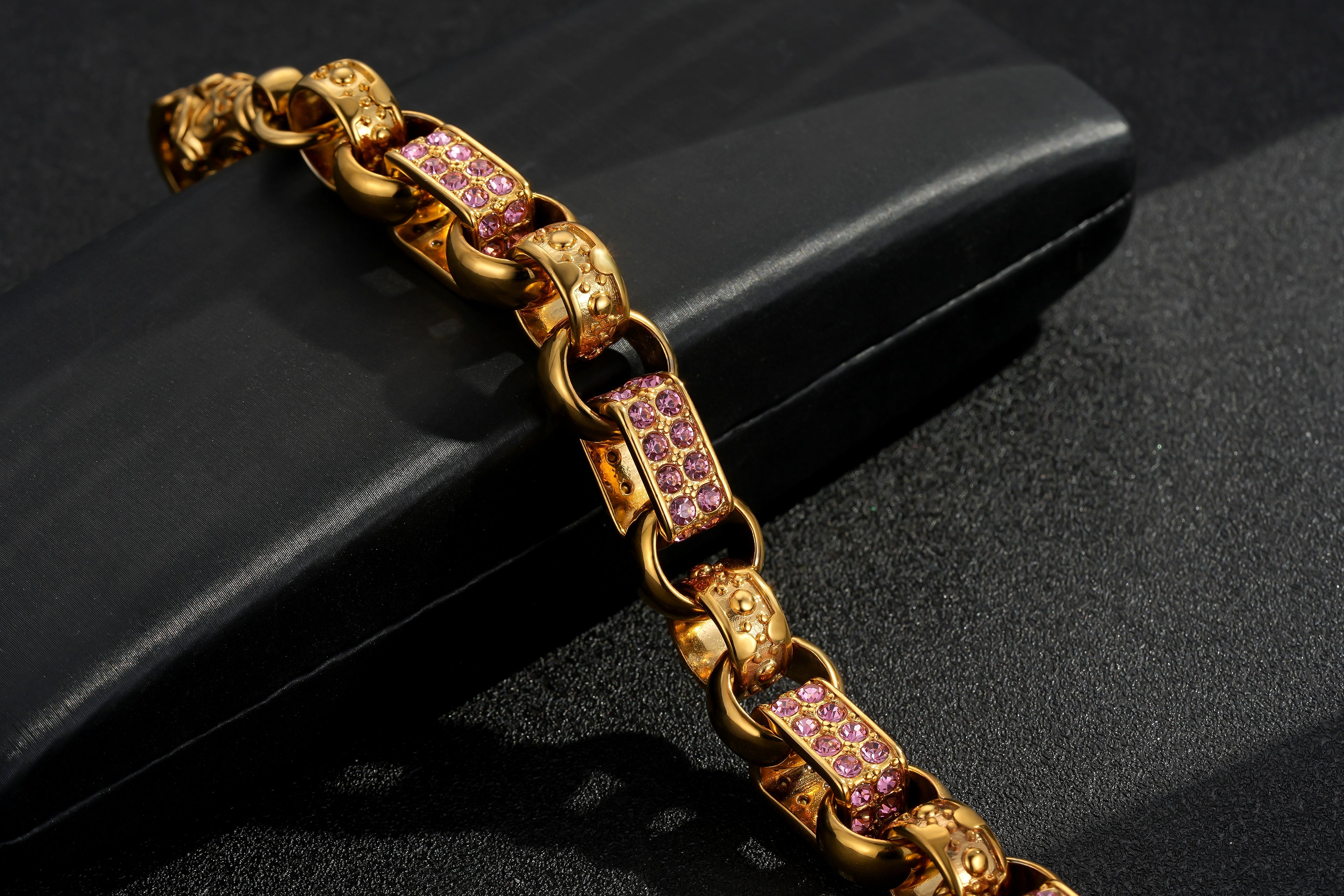 13mm Gold Gypsy Link Belcher Bracelet with Pink Stones, 7.5 Inches