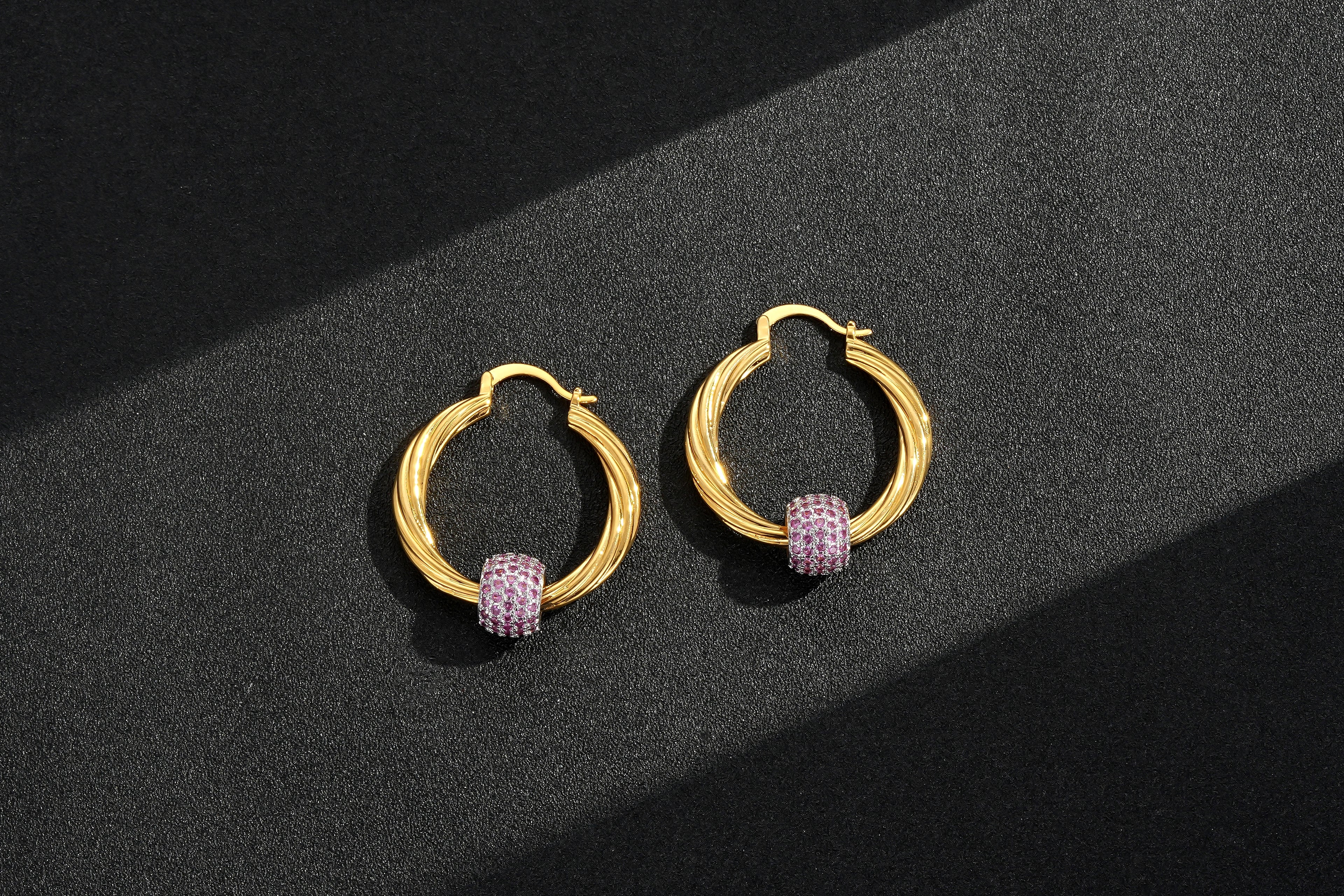 Gold Large Disco Ball Hoop Earrings with Pink Stones