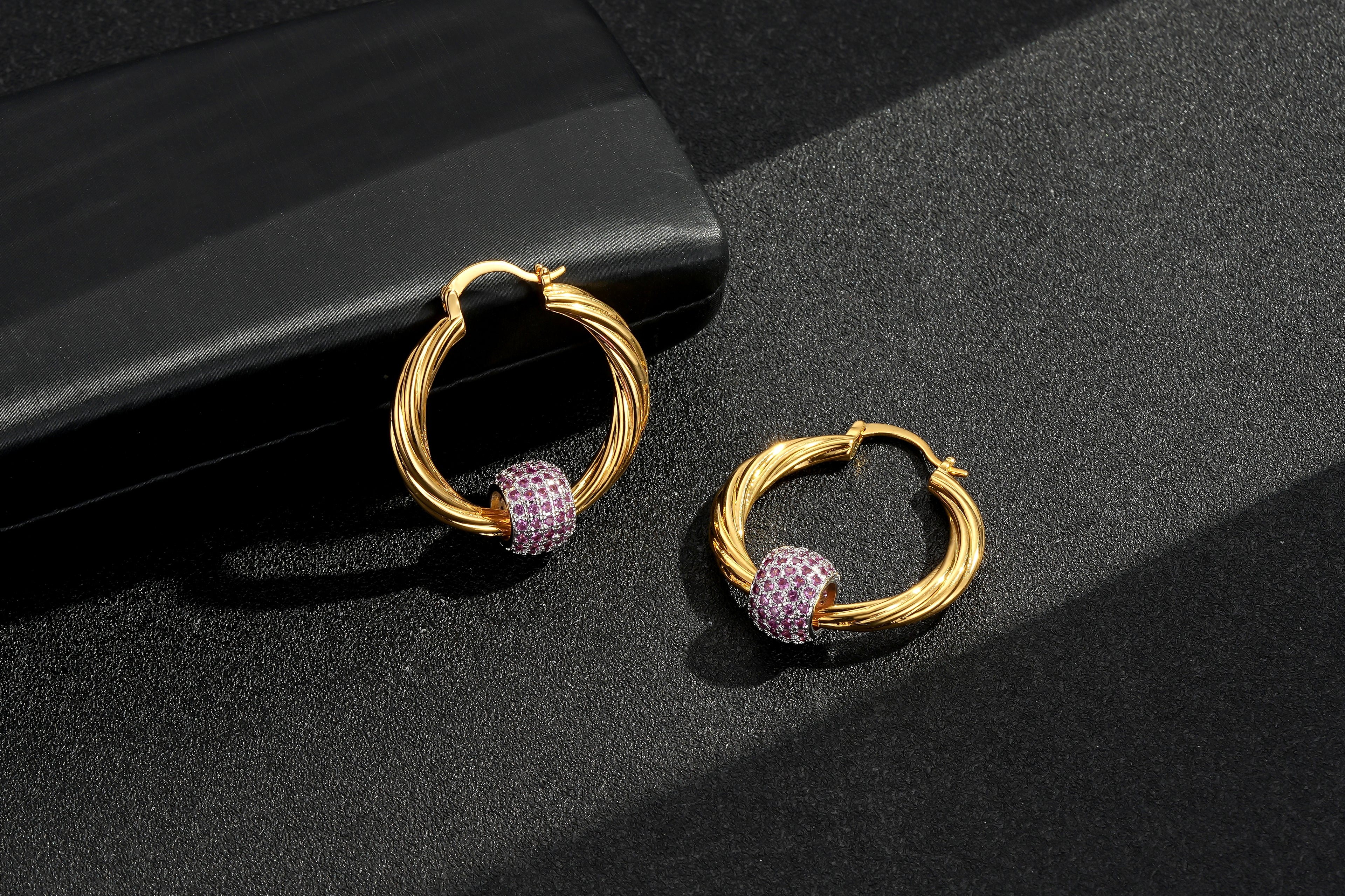 Gold Large Disco Ball Hoop Earrings with Pink Stones