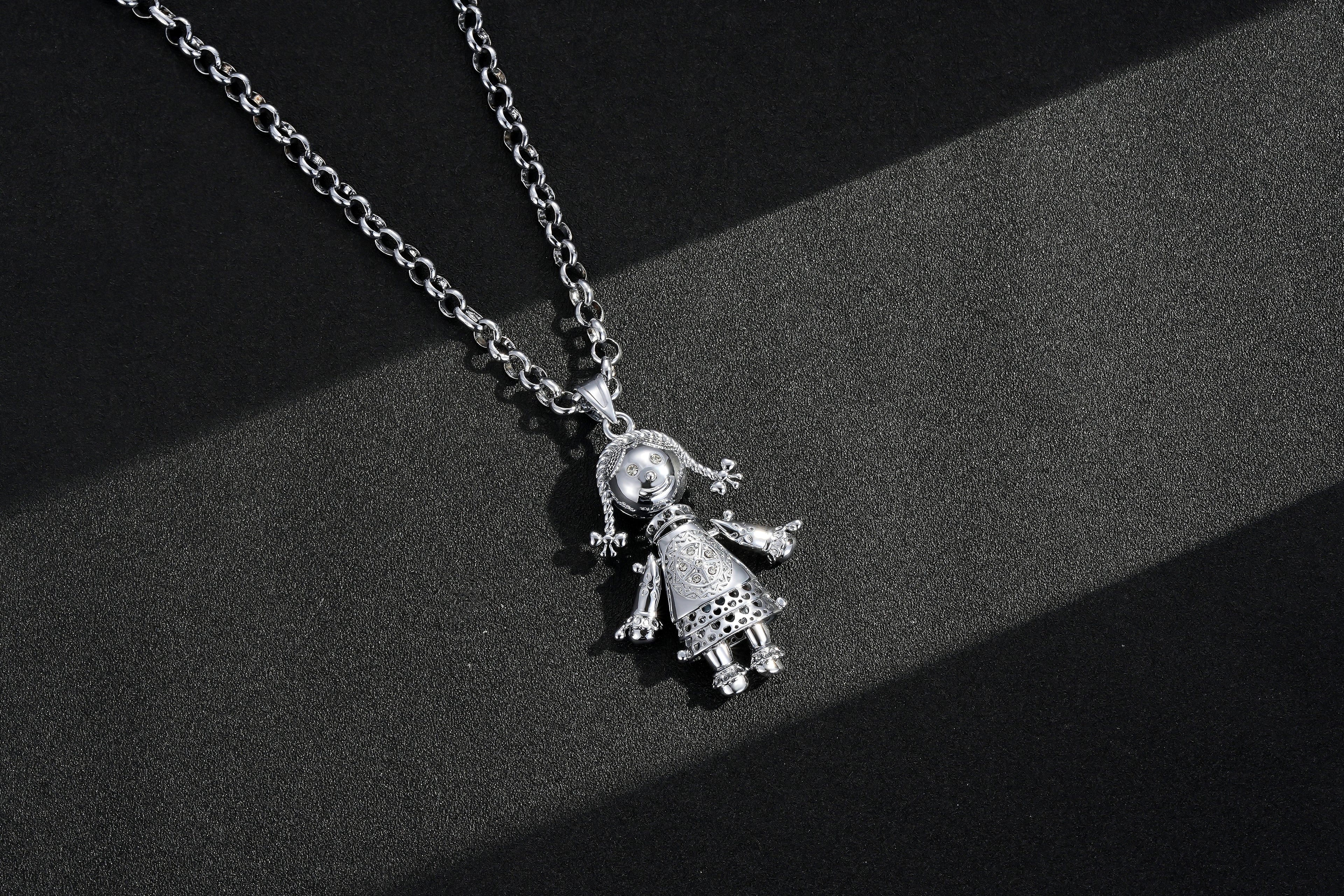 Silver-Filled Bonded Heart Rag Doll Pendant with Clear Stones on 24-Inch, 5mm Belcher Chain