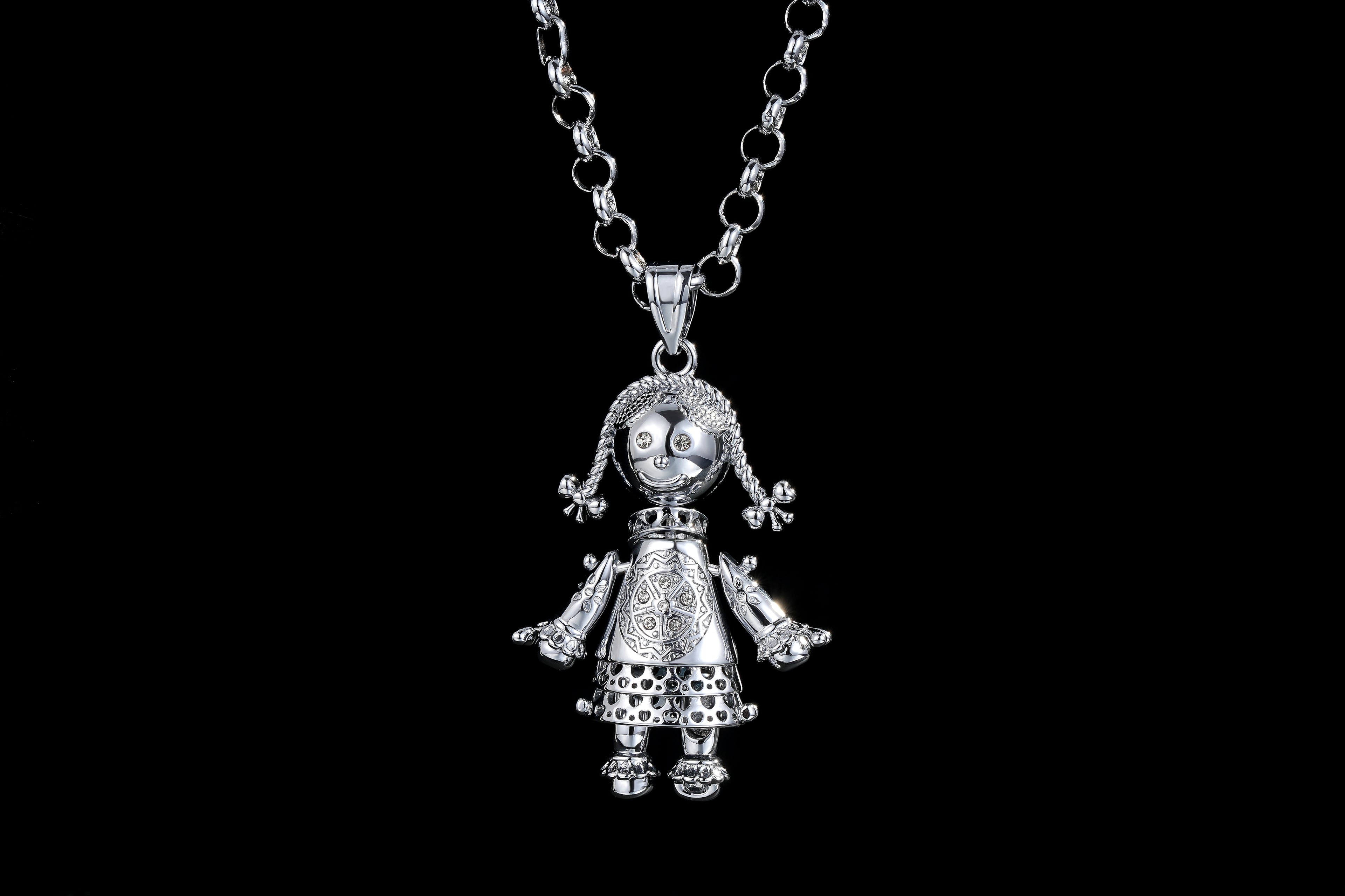 Silver-Filled Bonded Heart Rag Doll Pendant with Clear Stones on 24-Inch, 5mm Belcher Chain