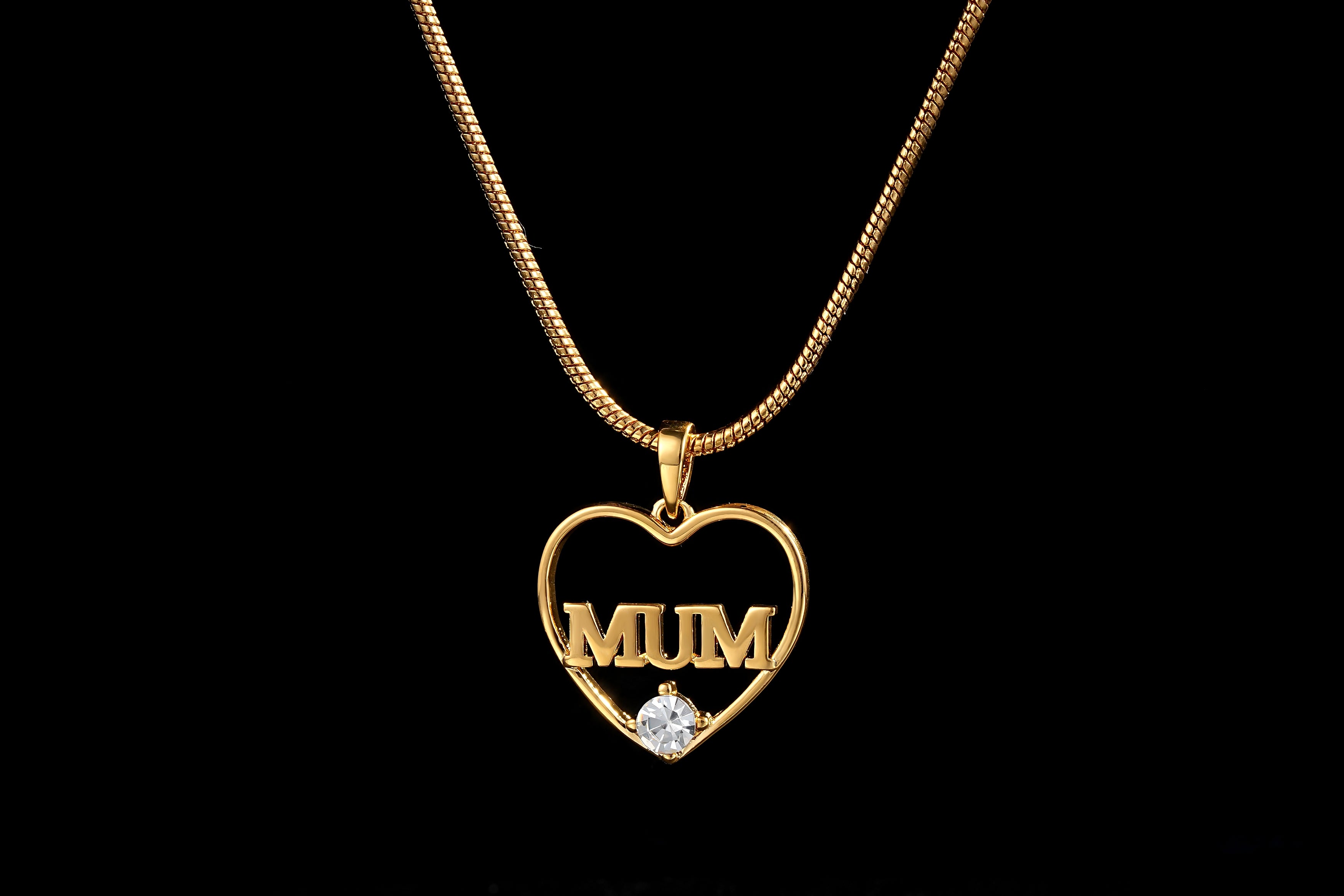Gold MUM Heart Pendant with Diamonds 22” Snake Chain Necklace Gift 16g