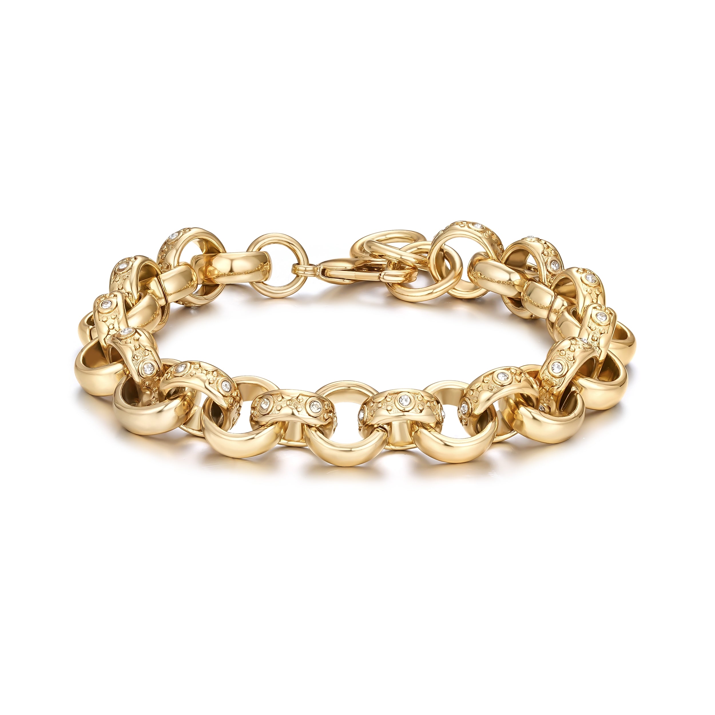 12mm Gold Alternate Crystal Pattern Belcher Bracelet 8 Inches