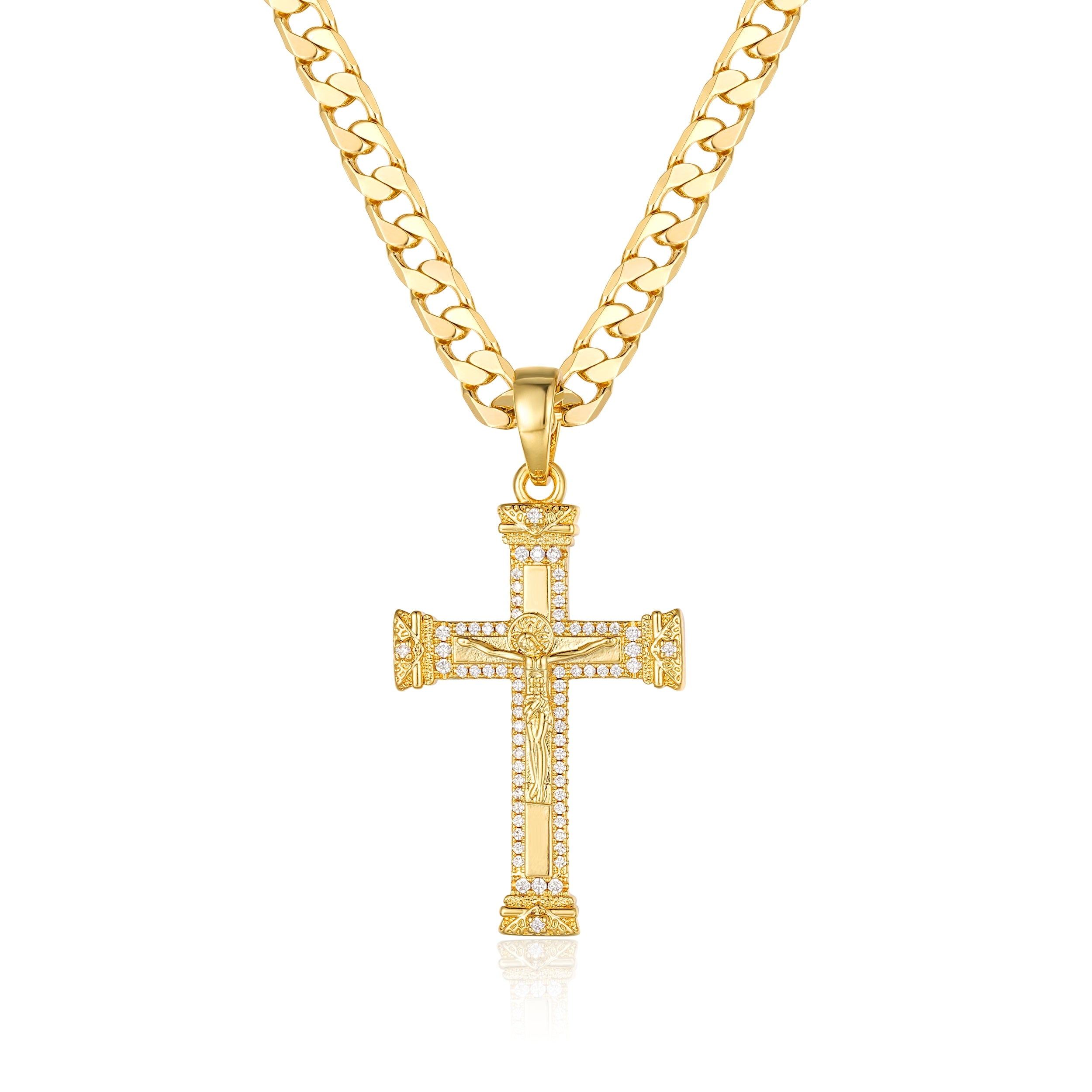 Heavy Gold Jesus Cross Crucifix Pendant with Stones 24 Inch 6mm Cuban Chain