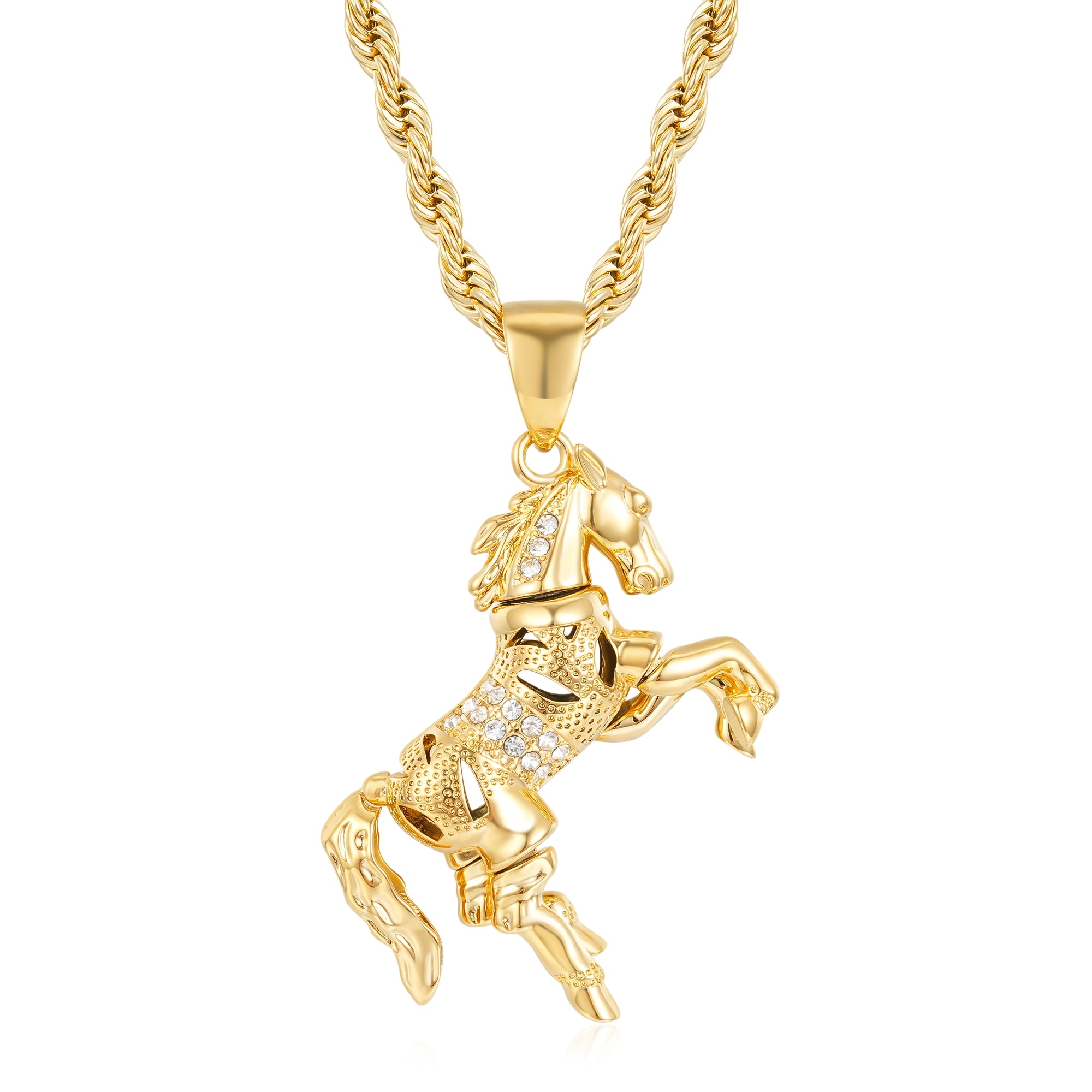 5mm Gold Moveable Horse Pendant with 24-Inch Premium Rope Chain – 74g