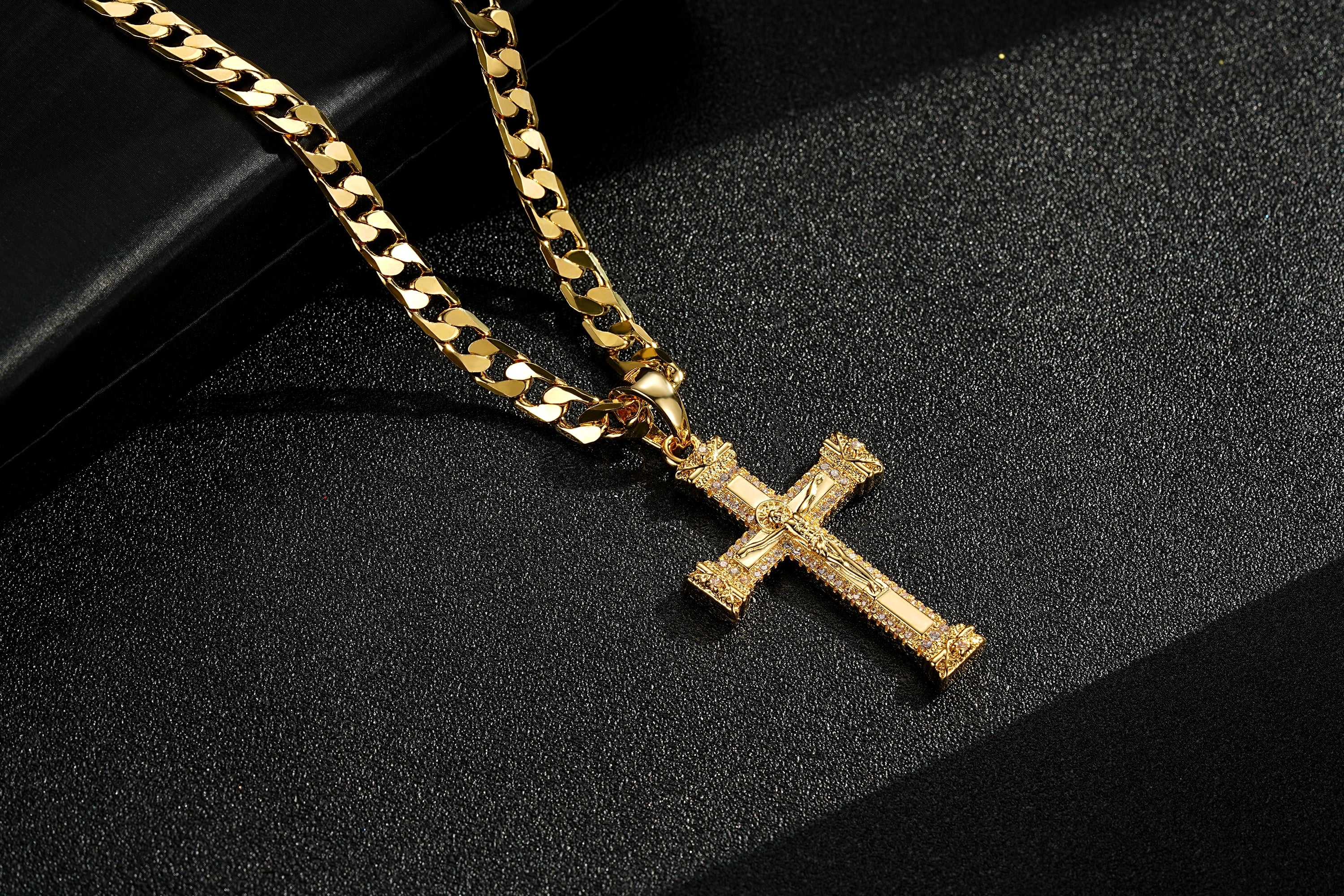 Heavy Gold Jesus Cross Crucifix Pendant with Stones 24 Inch 6mm Cuban Chain