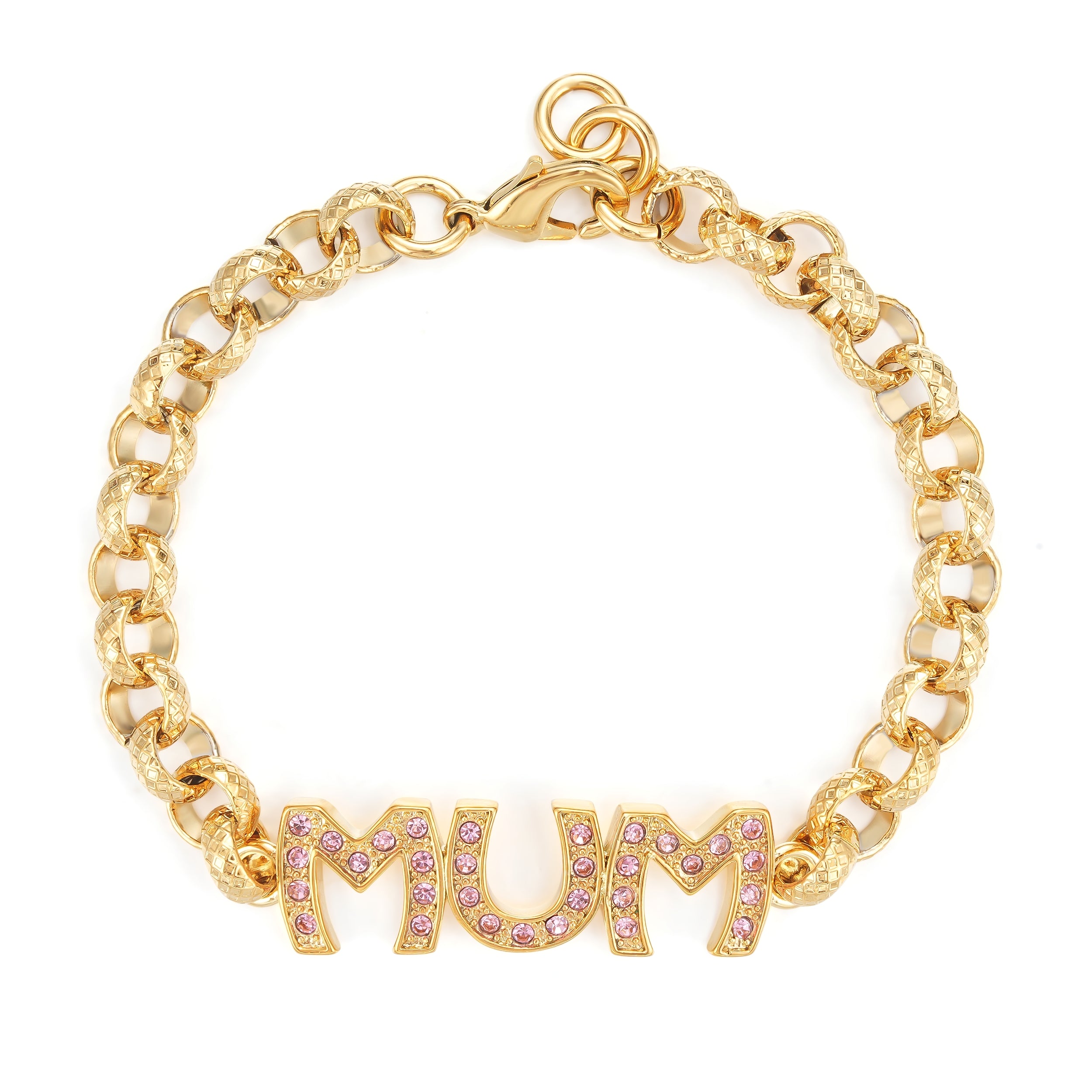 8mm Gold Mum Belcher Bracelet with Pink Stones – 8 Inches