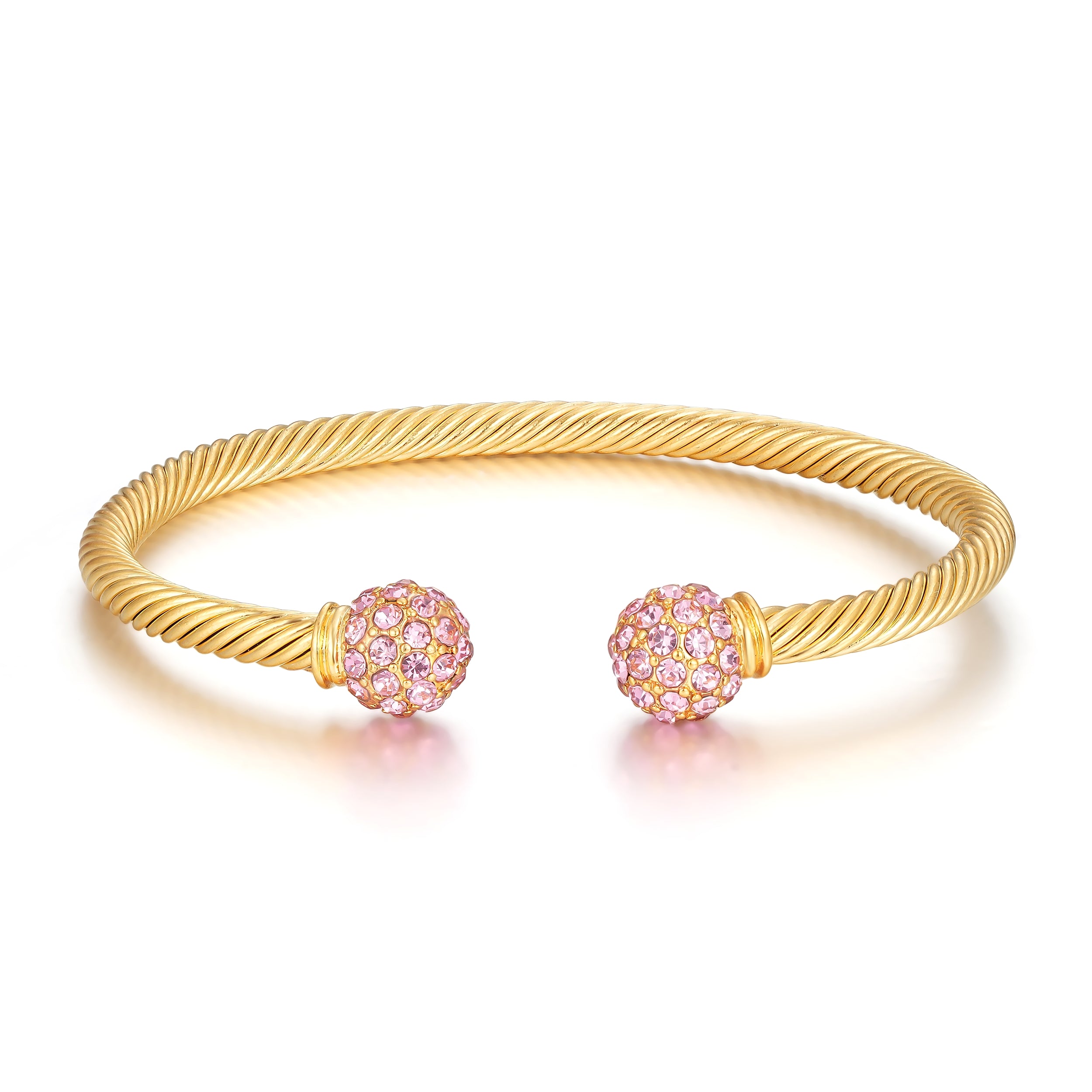 4mm Gold Ball Torque Bangle Bracelet with Pink Stones – 7.5/8 Inch