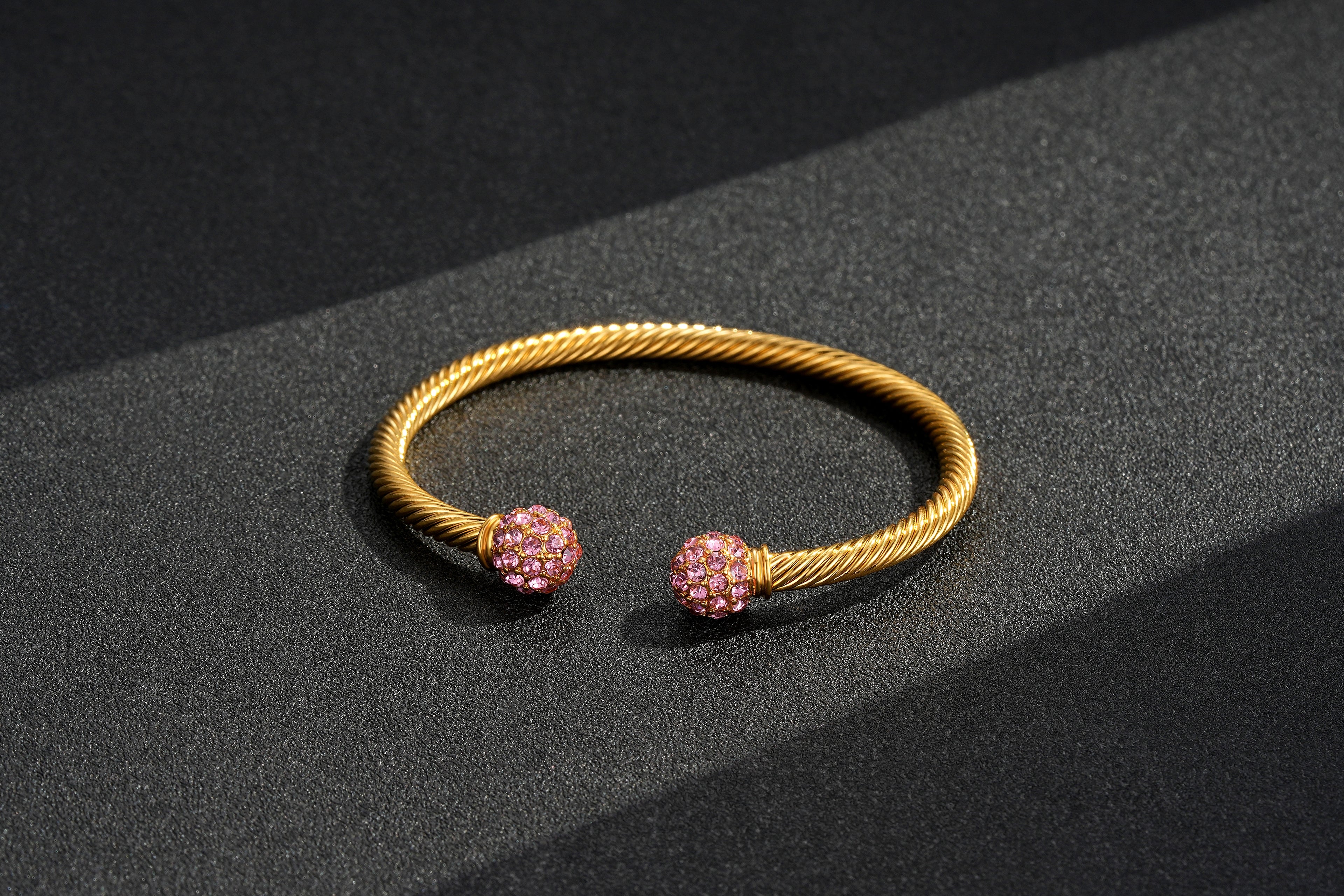 4mm Gold Ball Torque Bangle Bracelet with Pink Stones – 7.5/8 Inch