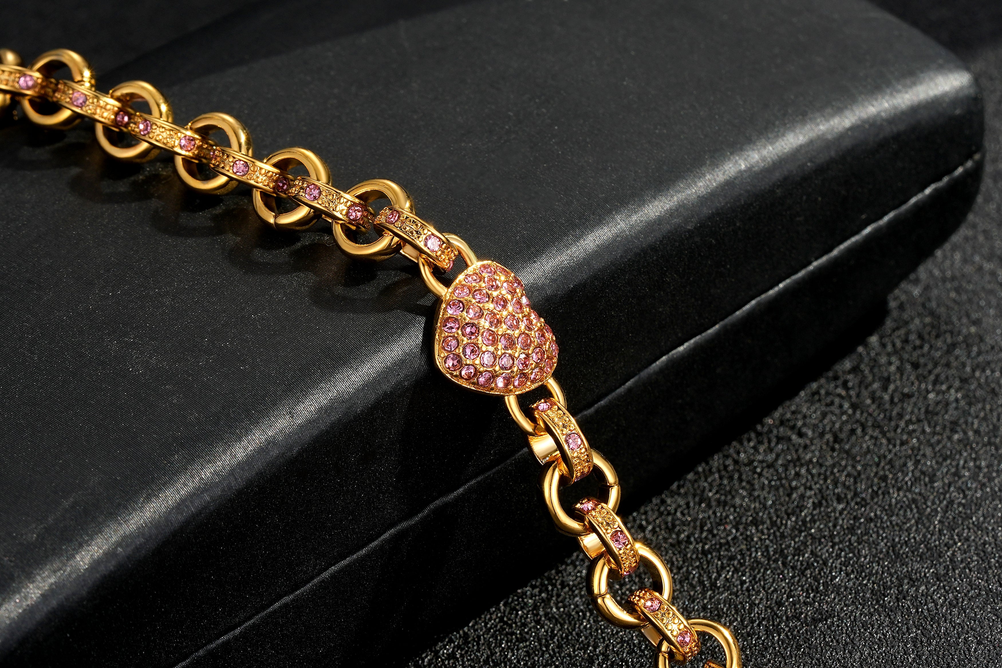 Crystal Heart Charm Belcher Bracelet for Women with Pink Stones – 7 Inches