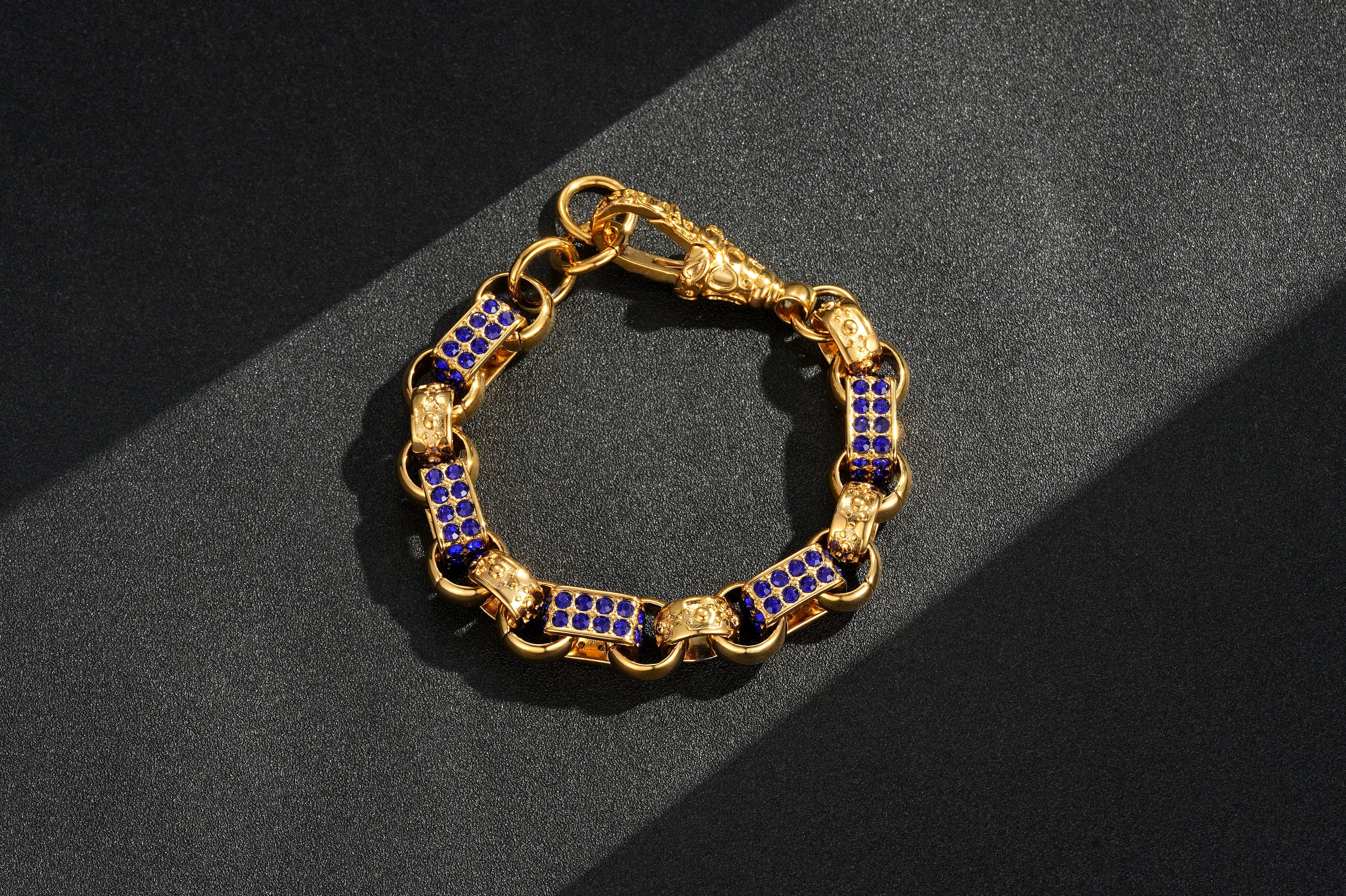 13mm Gold Gypsy Link Belcher Bracelet with Sapphire Stones, 7.5 Inches
