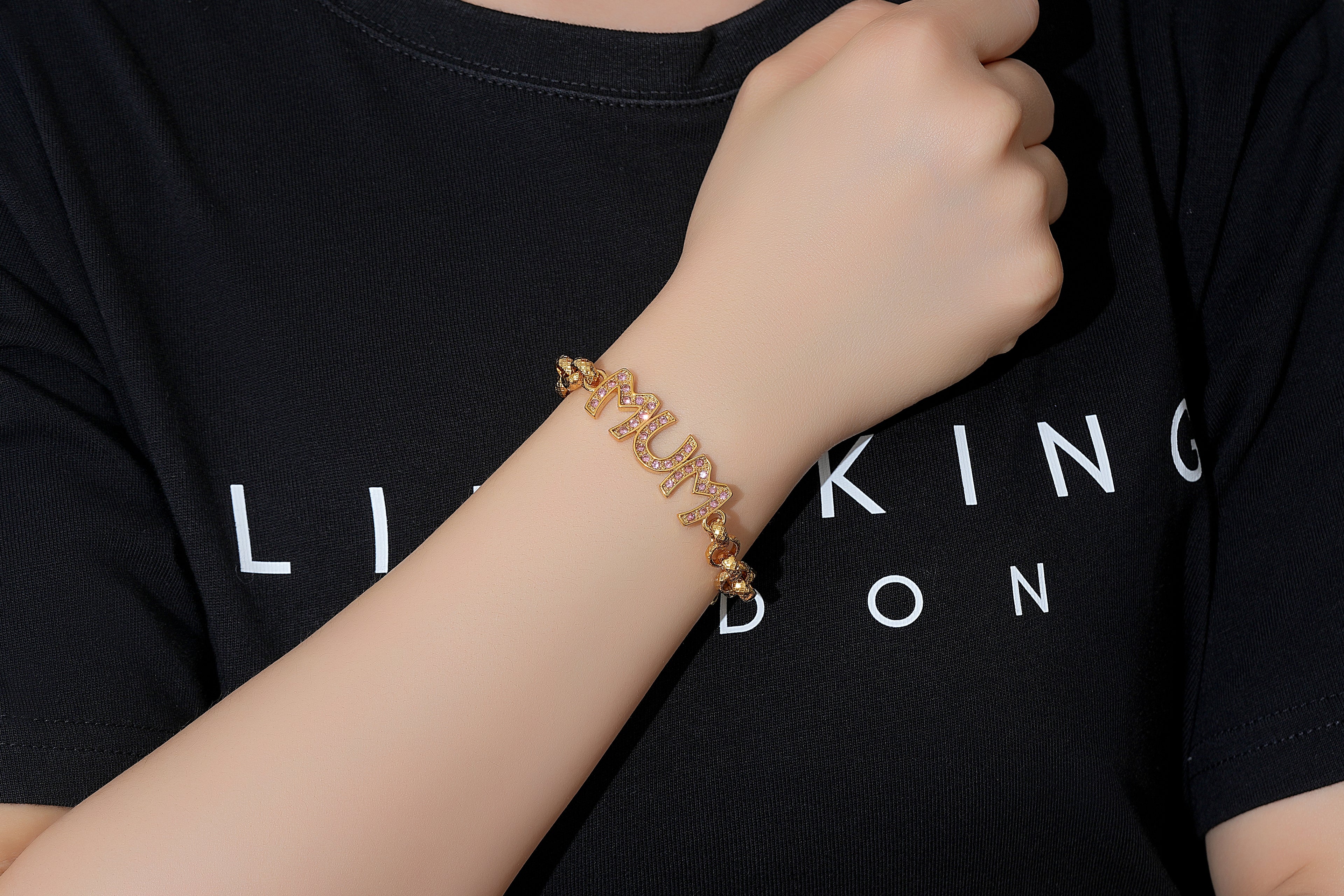 8mm Gold Mum Belcher Bracelet with Pink Stones – 8 Inches