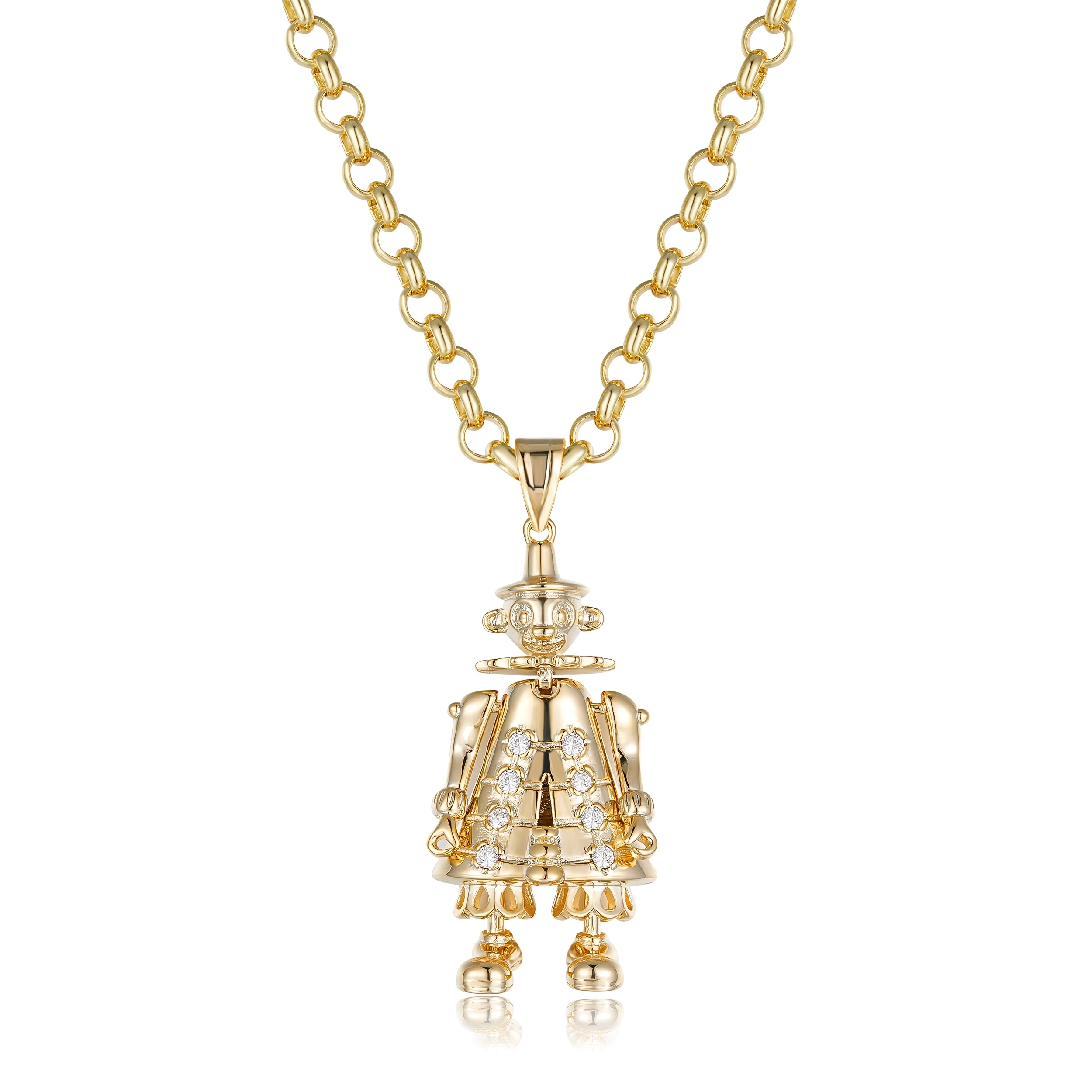 Gold Clown Pendant Clear Stones 22 Inch 4mm Belcher Chain