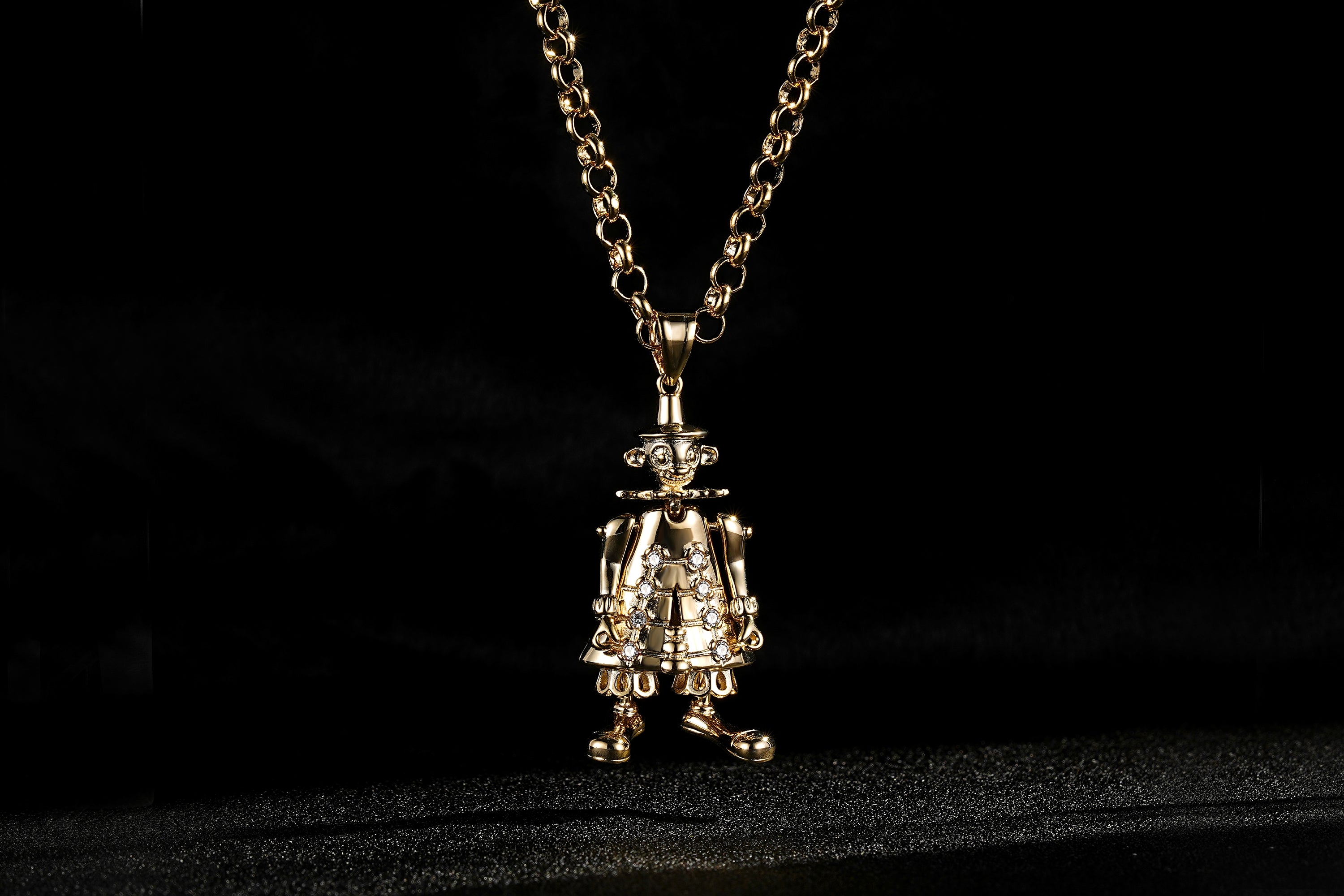 Gold Clown Pendant Clear Stones 22 Inch 4mm Belcher Chain