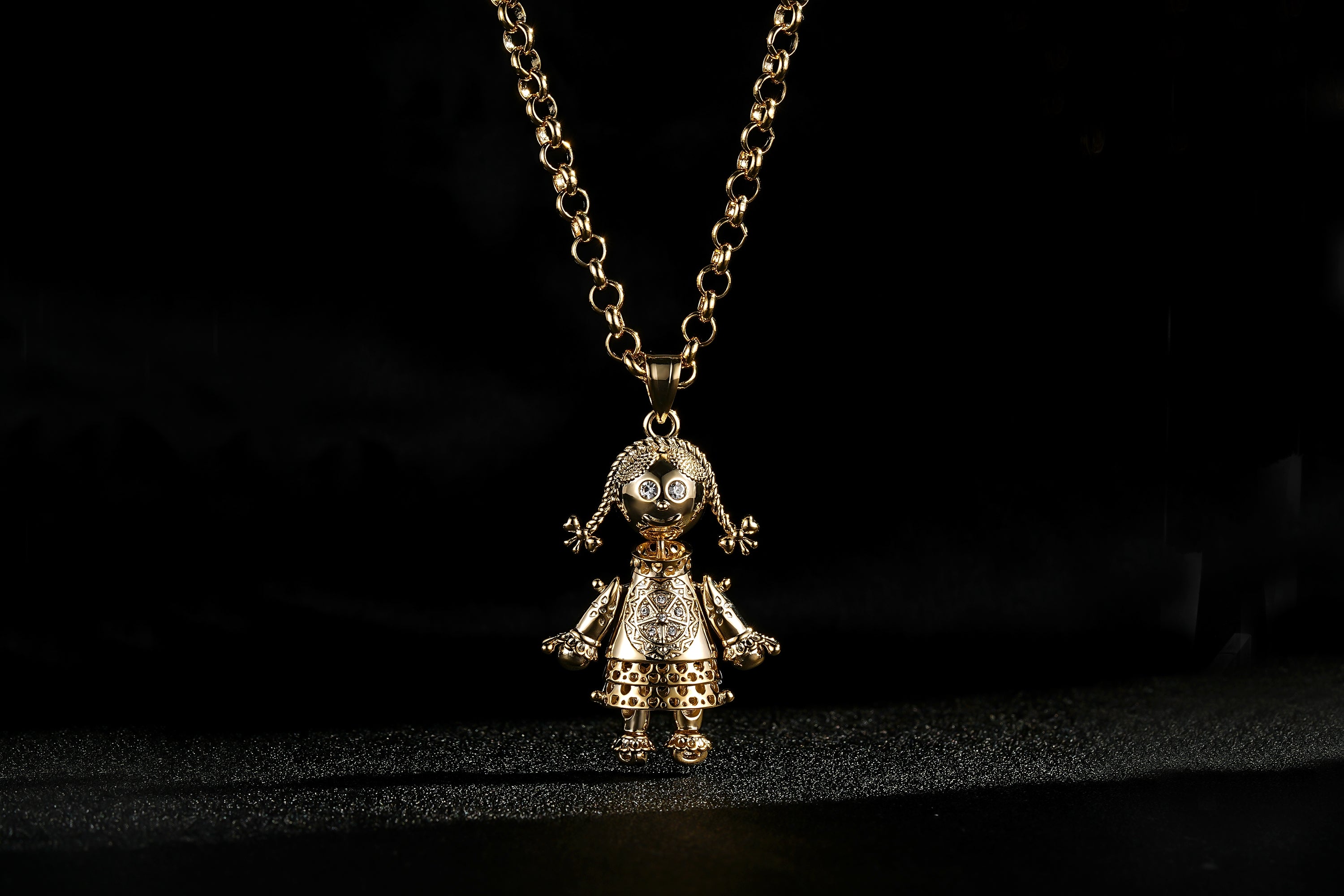 Gold Heart Rag Doll Pendant Stones 22 Inch 5.5mm Belcher Chain