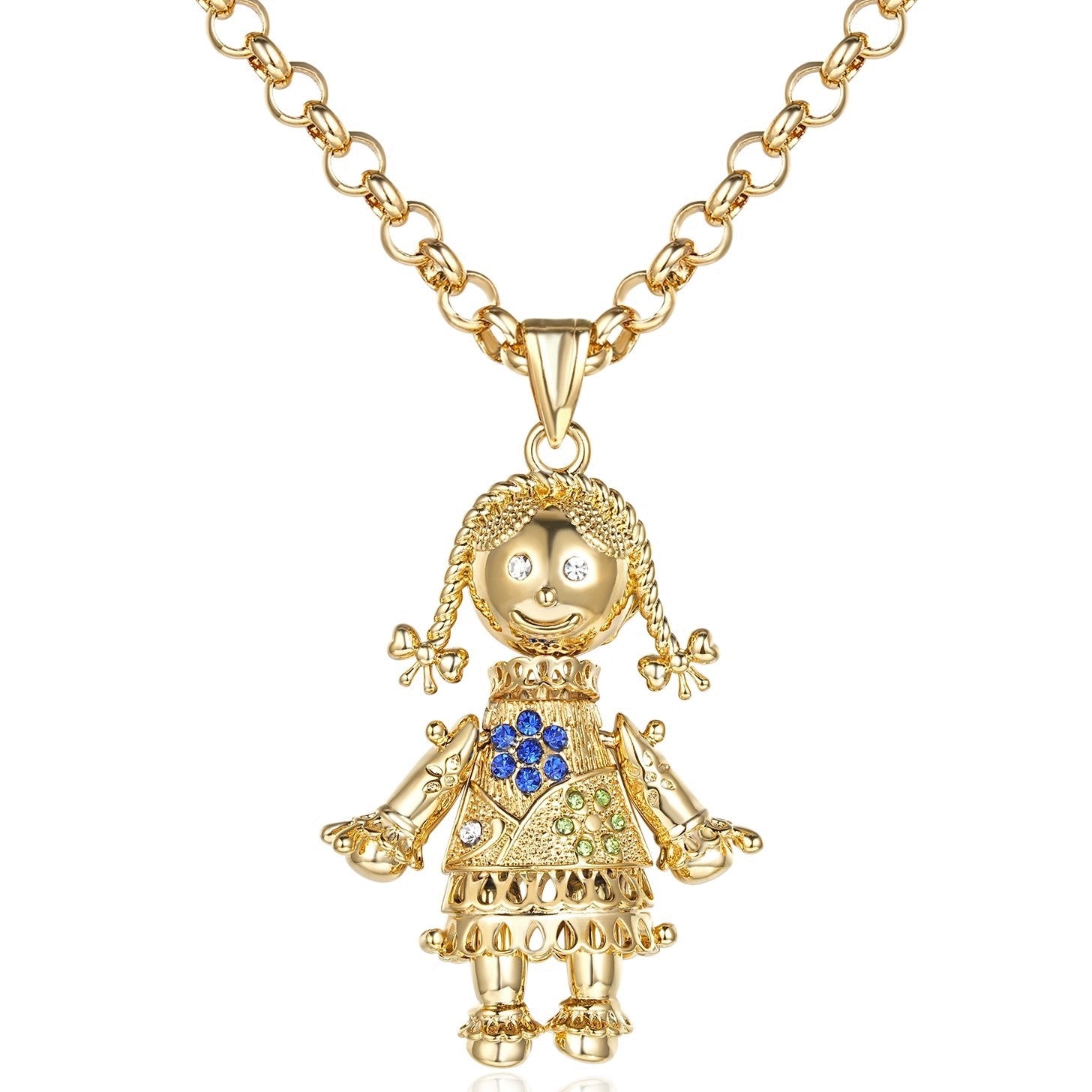 Gold Rag Doll Pendant Necklace 5.5mm Gold Smooth Belcher Chain