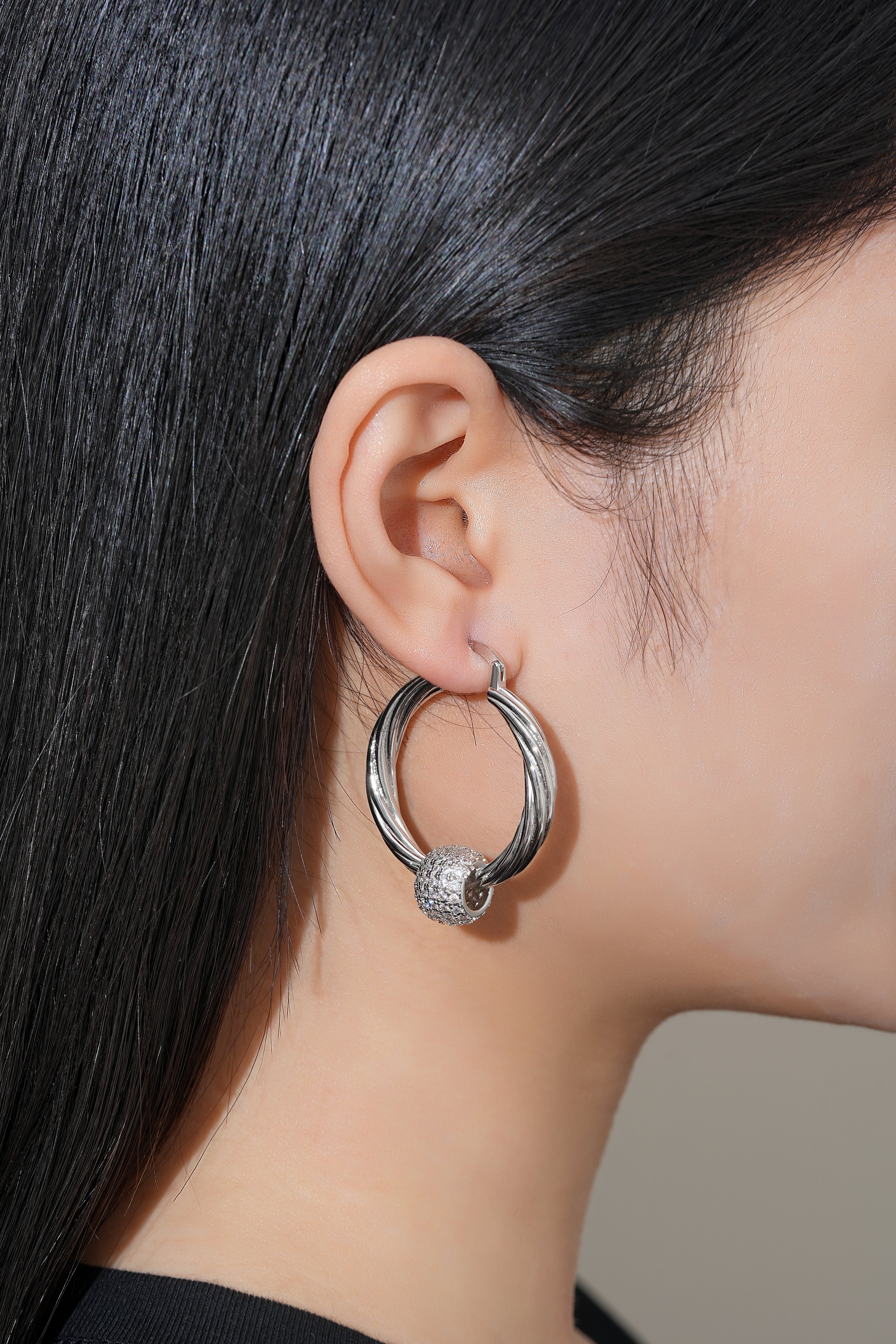 Silver Large Disco Ball Hoop Earrings with Stones