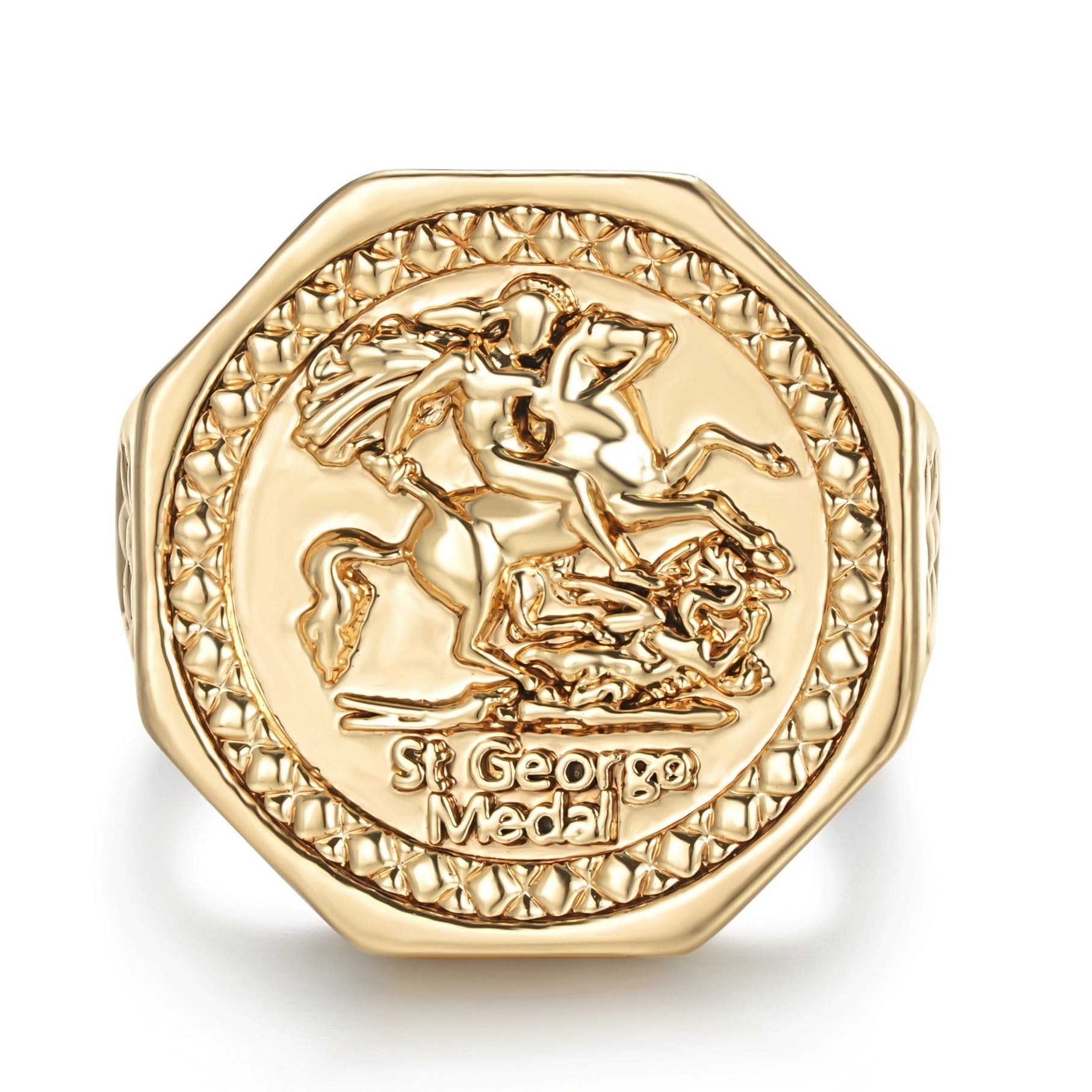Luxury Gold Hexagon St George Dragon Slayer Sovereign Ring Multiple Sizes