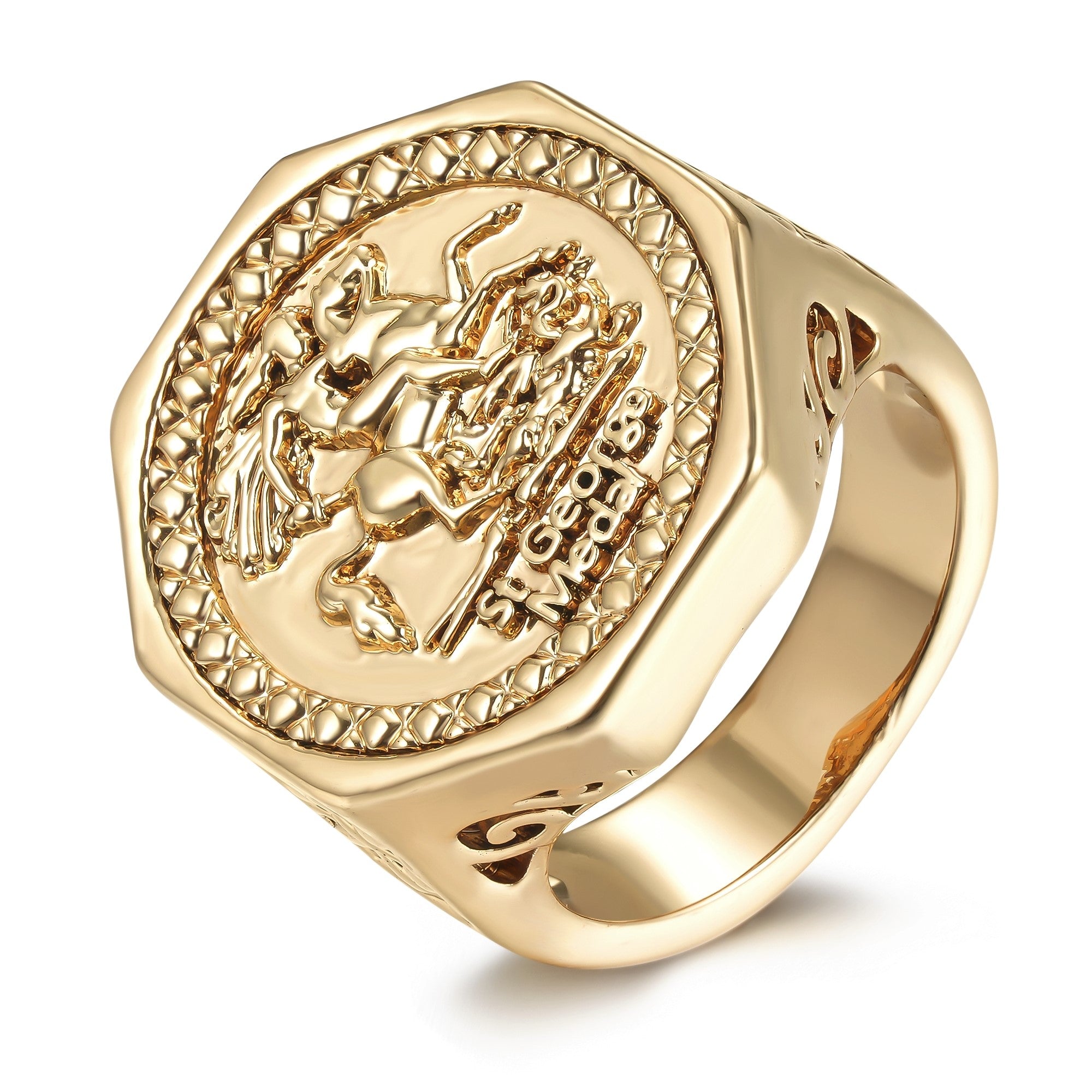 Luxury Gold Hexagon St George Dragon Slayer Sovereign Ring Multiple Sizes