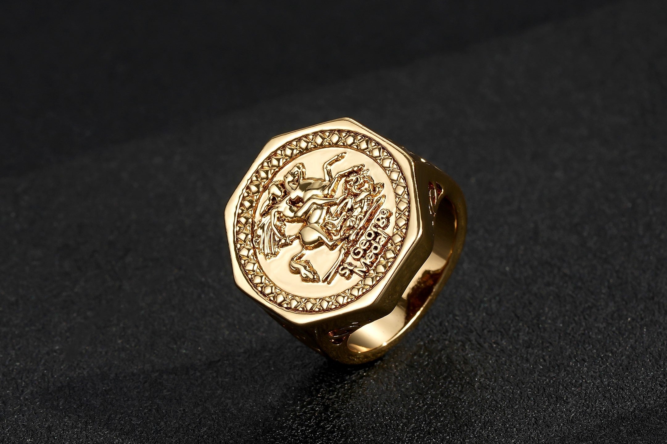Luxury Gold Hexagon St George Dragon Slayer Sovereign Ring Multiple Sizes
