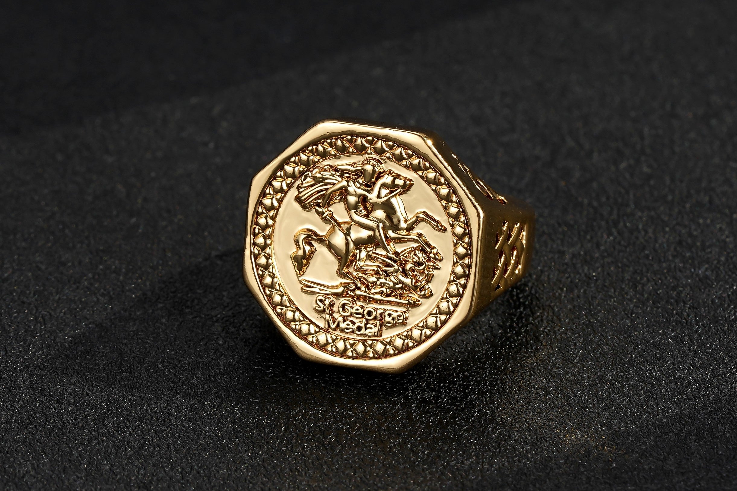Luxury Gold Hexagon St George Dragon Slayer Sovereign Ring Multiple Sizes