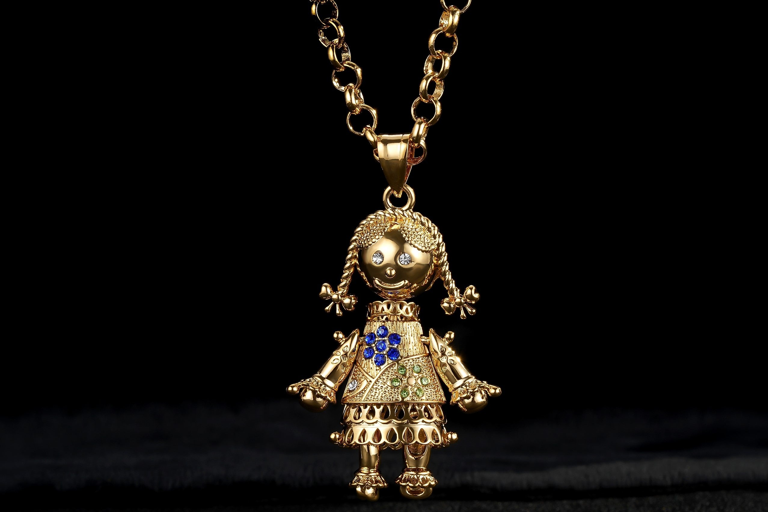 Gold Rag Doll Pendant Necklace 5.5mm Gold Smooth Belcher Chain