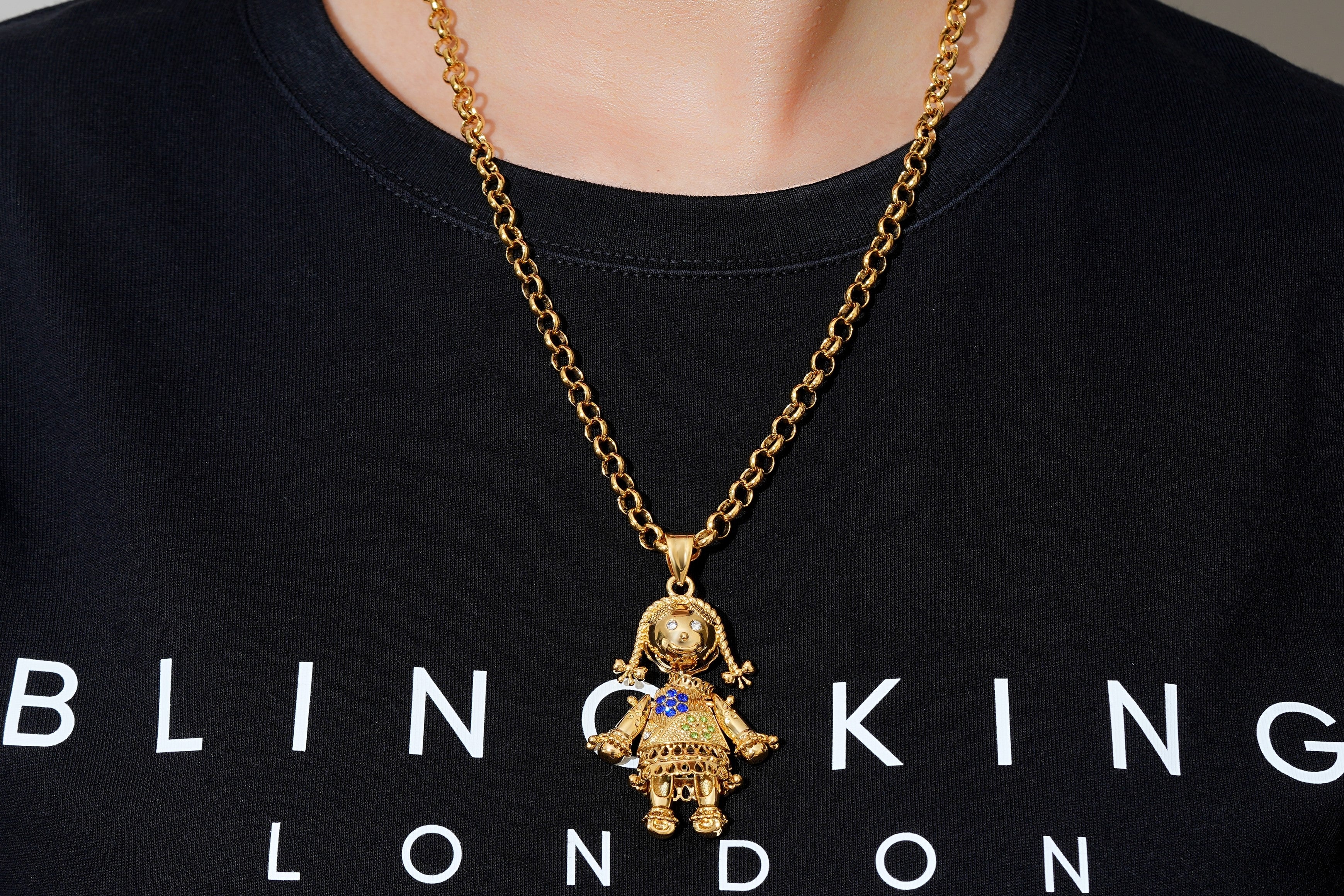 Gold Rag Doll Pendant Necklace 5.5mm Gold Smooth Belcher Chain