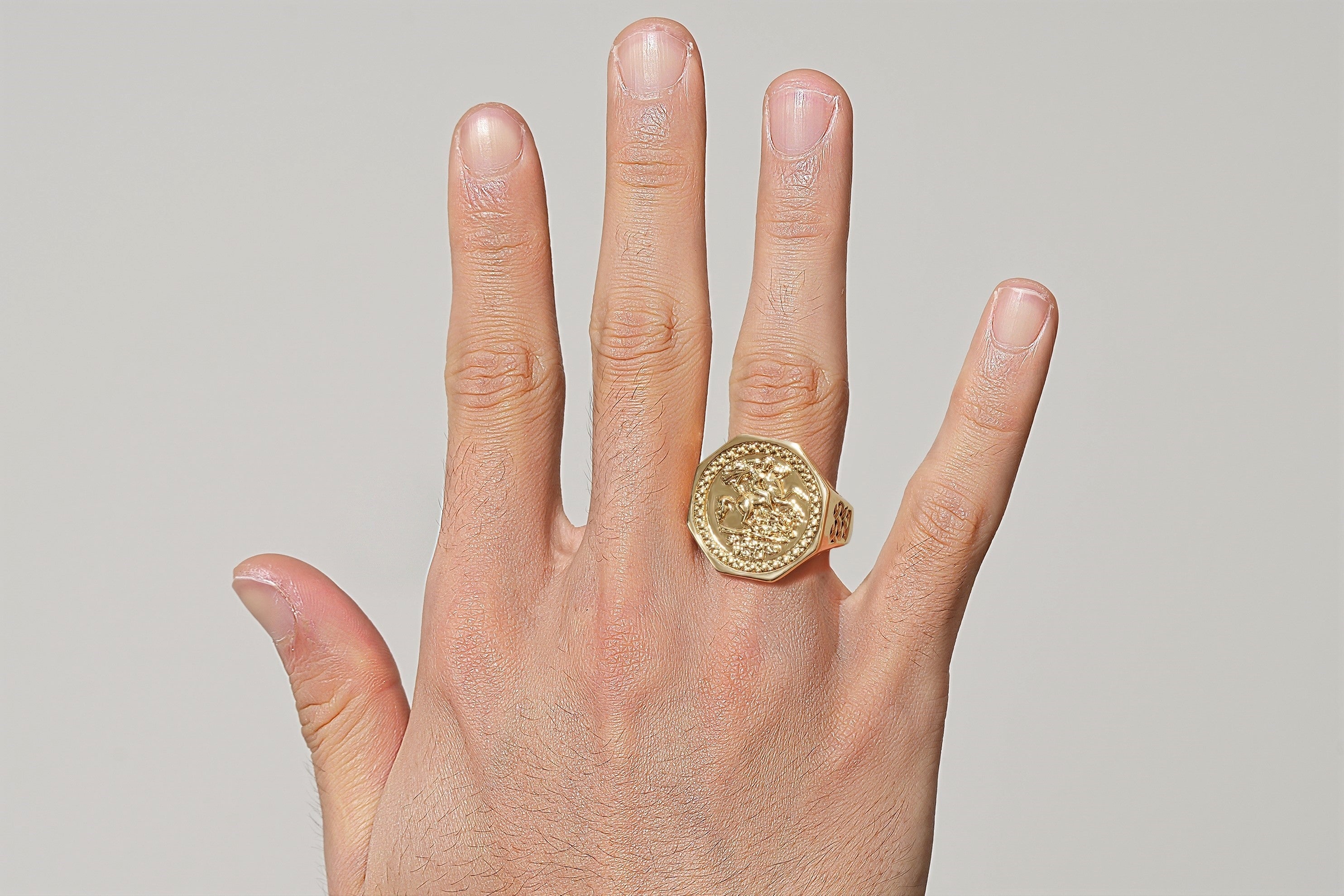 Luxury Gold Hexagon St George Dragon Slayer Sovereign Ring Multiple Sizes