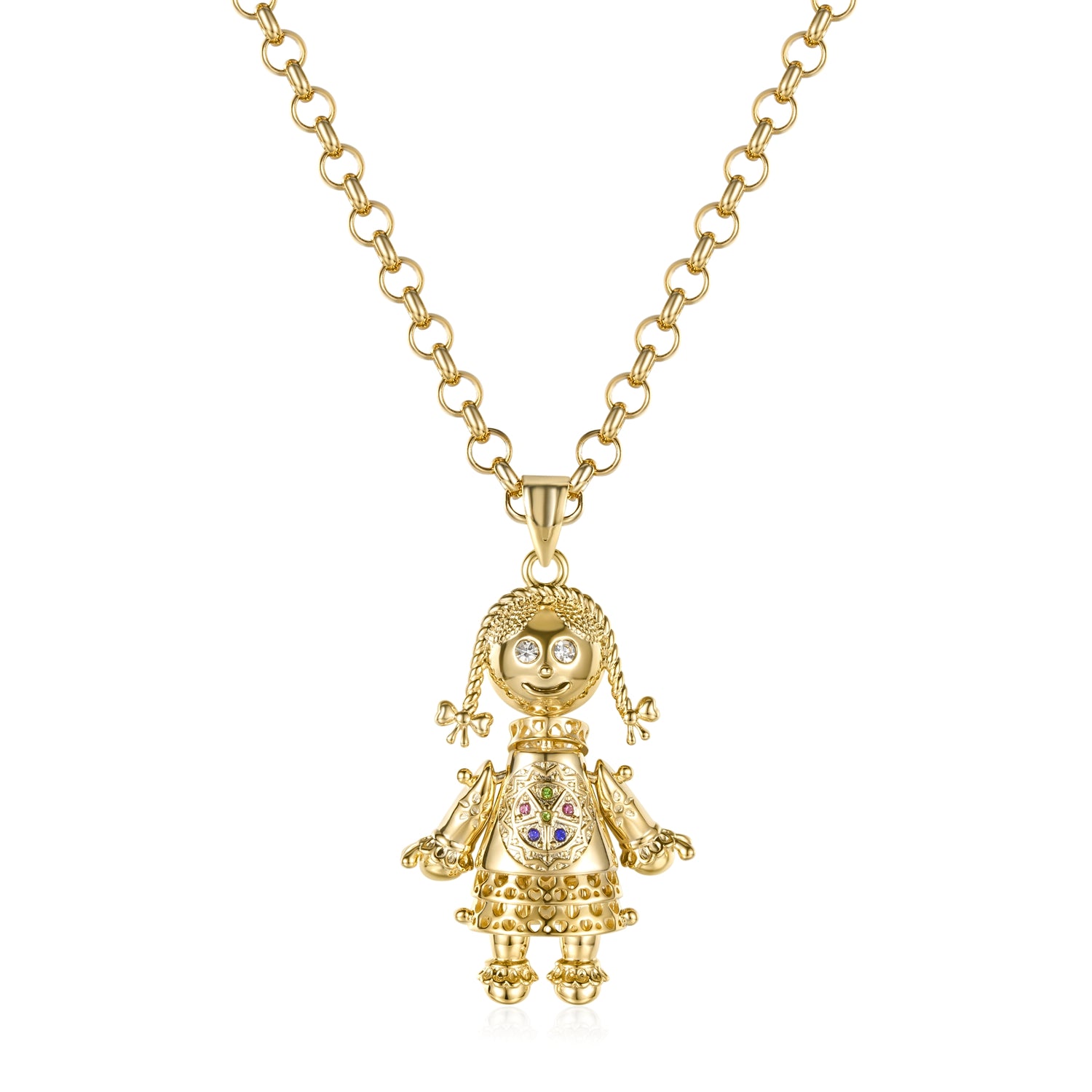 Gold Rag Doll Pendant Multi Coloured Stones 22 Inch 5mm Belcher Chain
