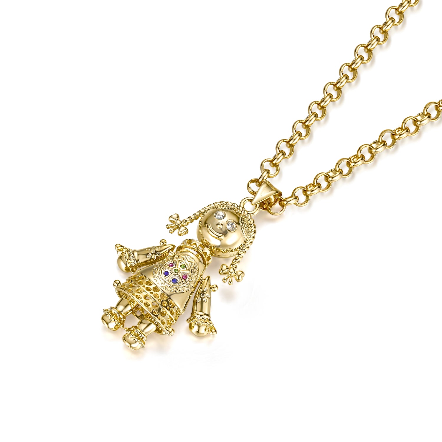 Gold Rag Doll Pendant Multi Coloured Stones 22 Inch 5mm Belcher Chain