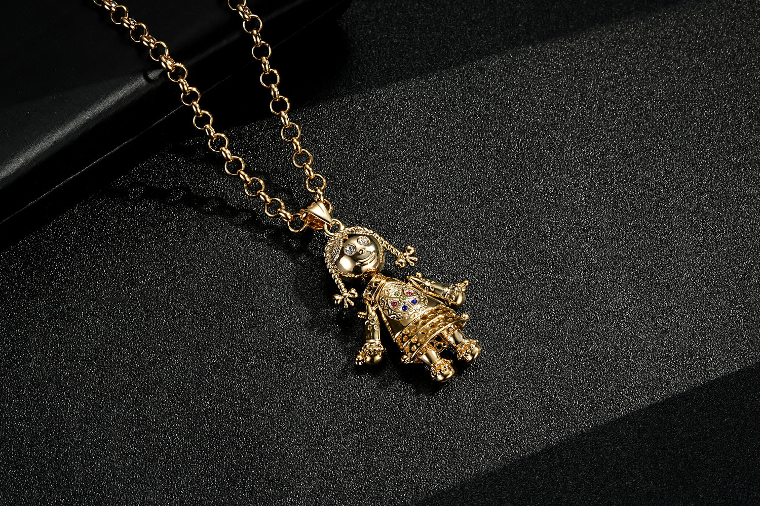 Gold Rag Doll Pendant Multi Coloured Stones 22 Inch 5mm Belcher Chain