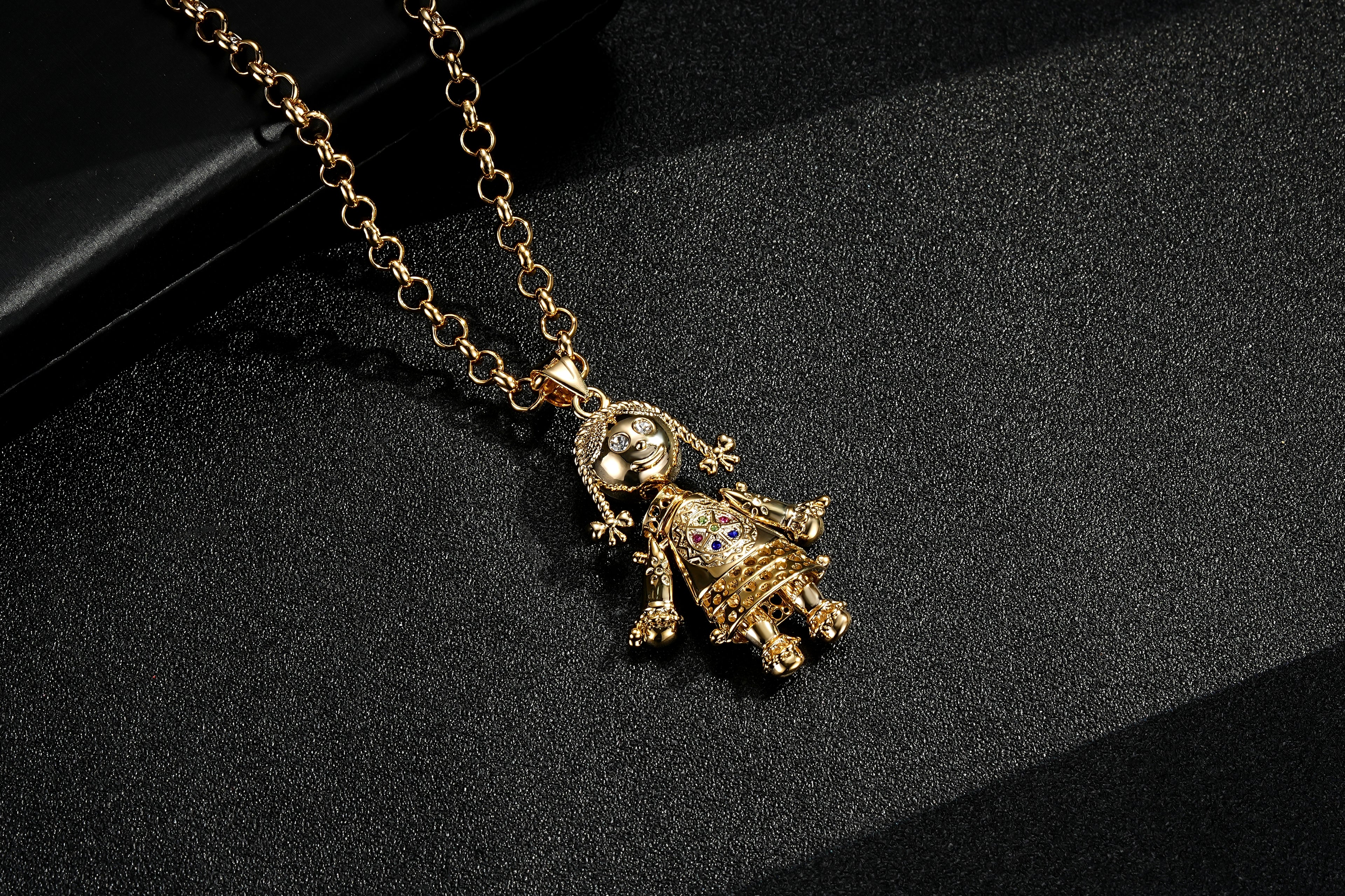 Gold Rag Doll Pendant Multi Coloured Stones 22 Inch 5mm Belcher Chain