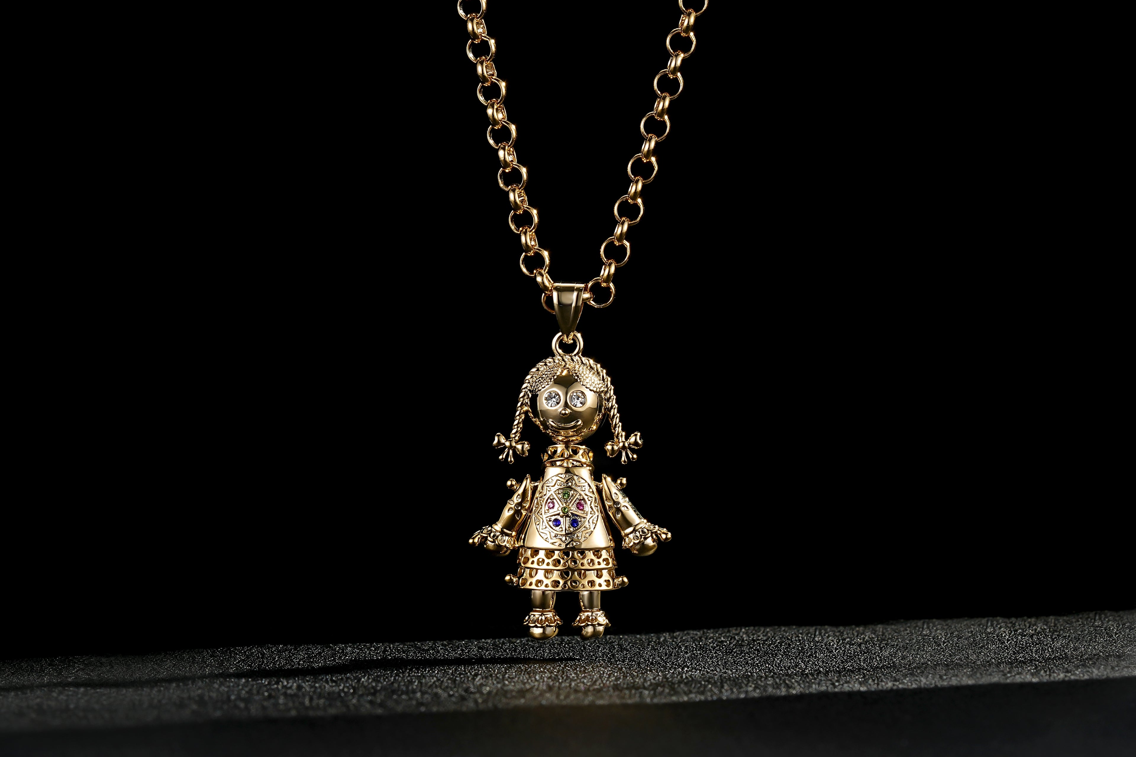 Gold Rag Doll Pendant Multi Coloured Stones 22 Inch 5mm Belcher Chain